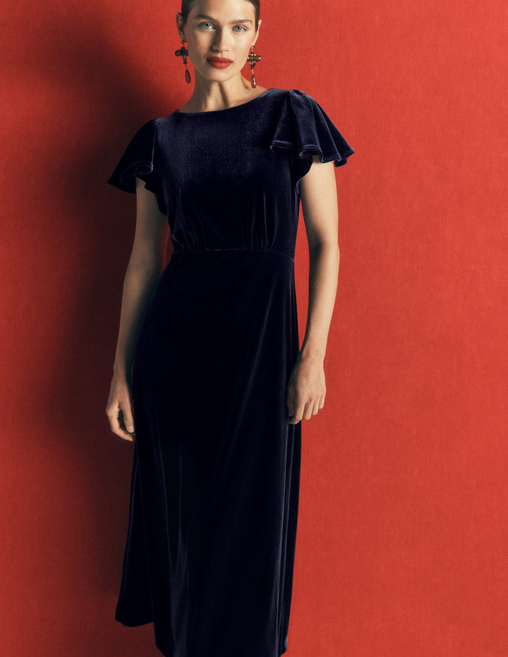 Draped Sleeve Velvet Dress-Navy