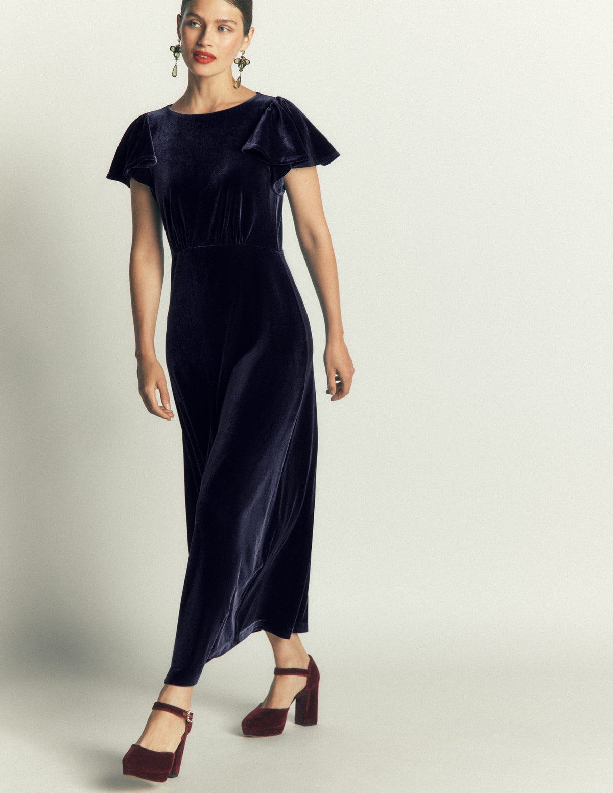 Draped Sleeve Velvet Dress-Navy - Image 4