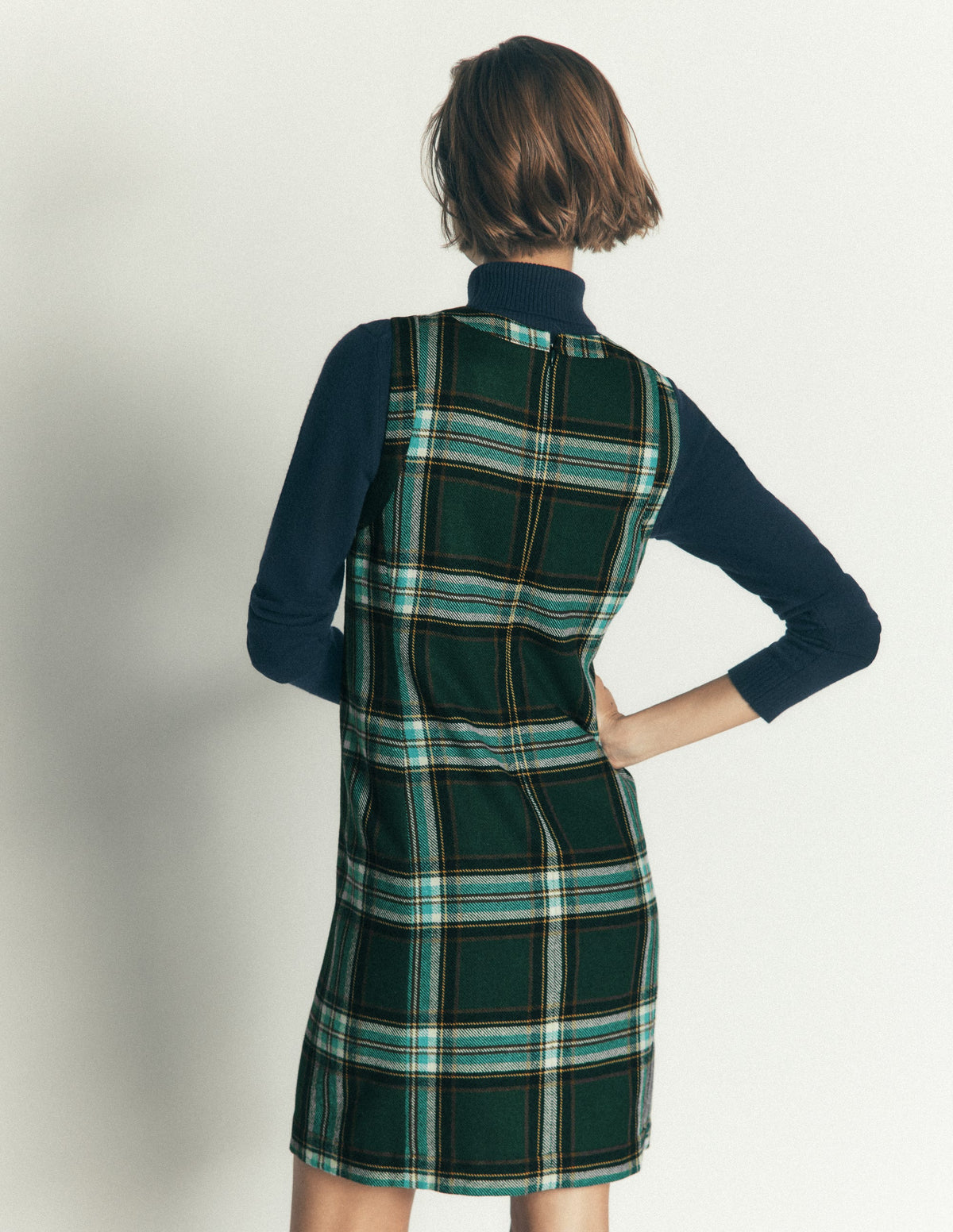 Lou Wool Check Shift Dress-Green, Navy and Teal Check - Image 4