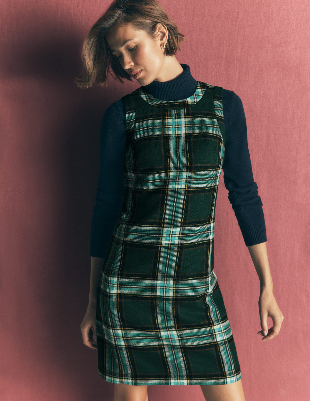Lou Wool Check Shift Dress-Green, Navy and Teal Check-5