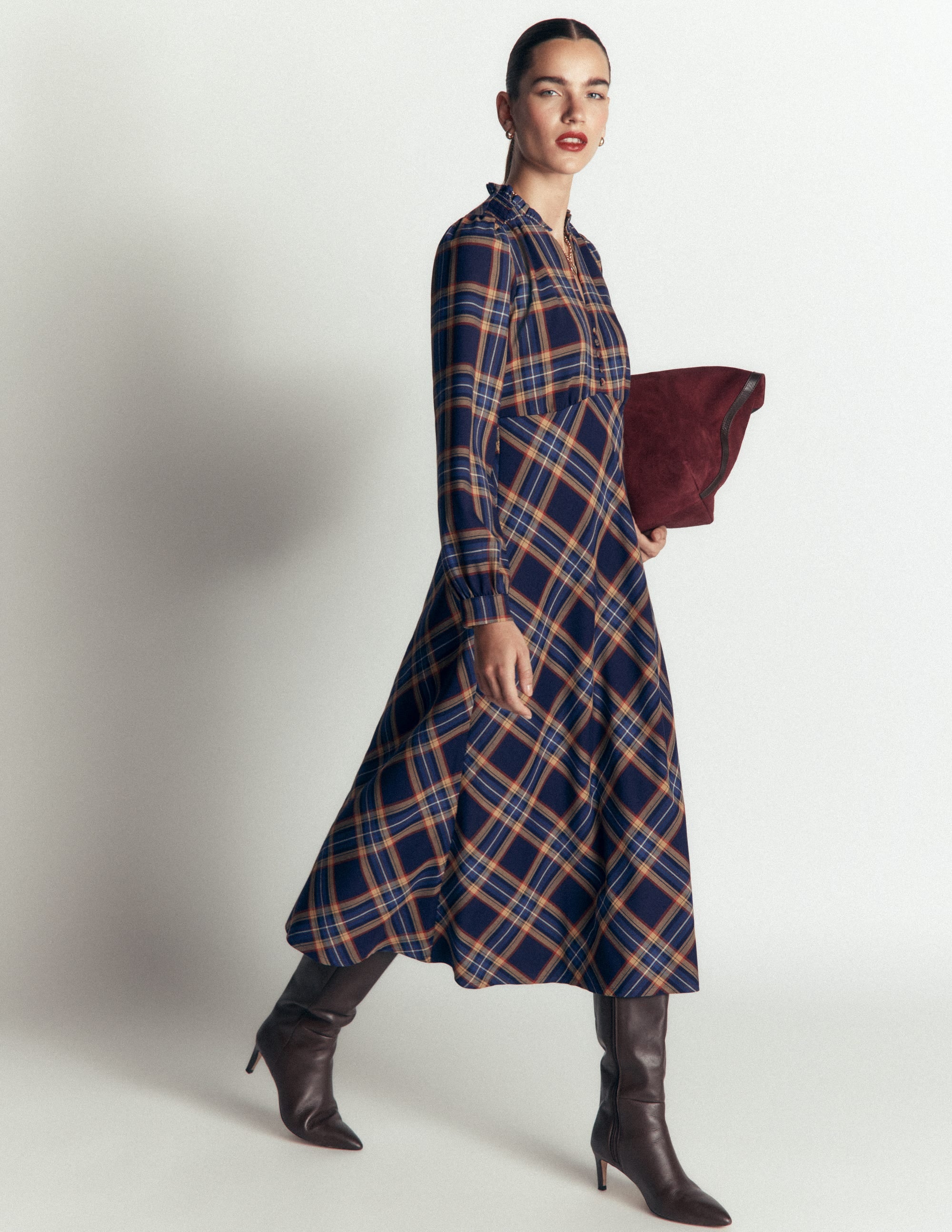Cassie Checked Tea Dress - Navy and Camel Check | Boden USA