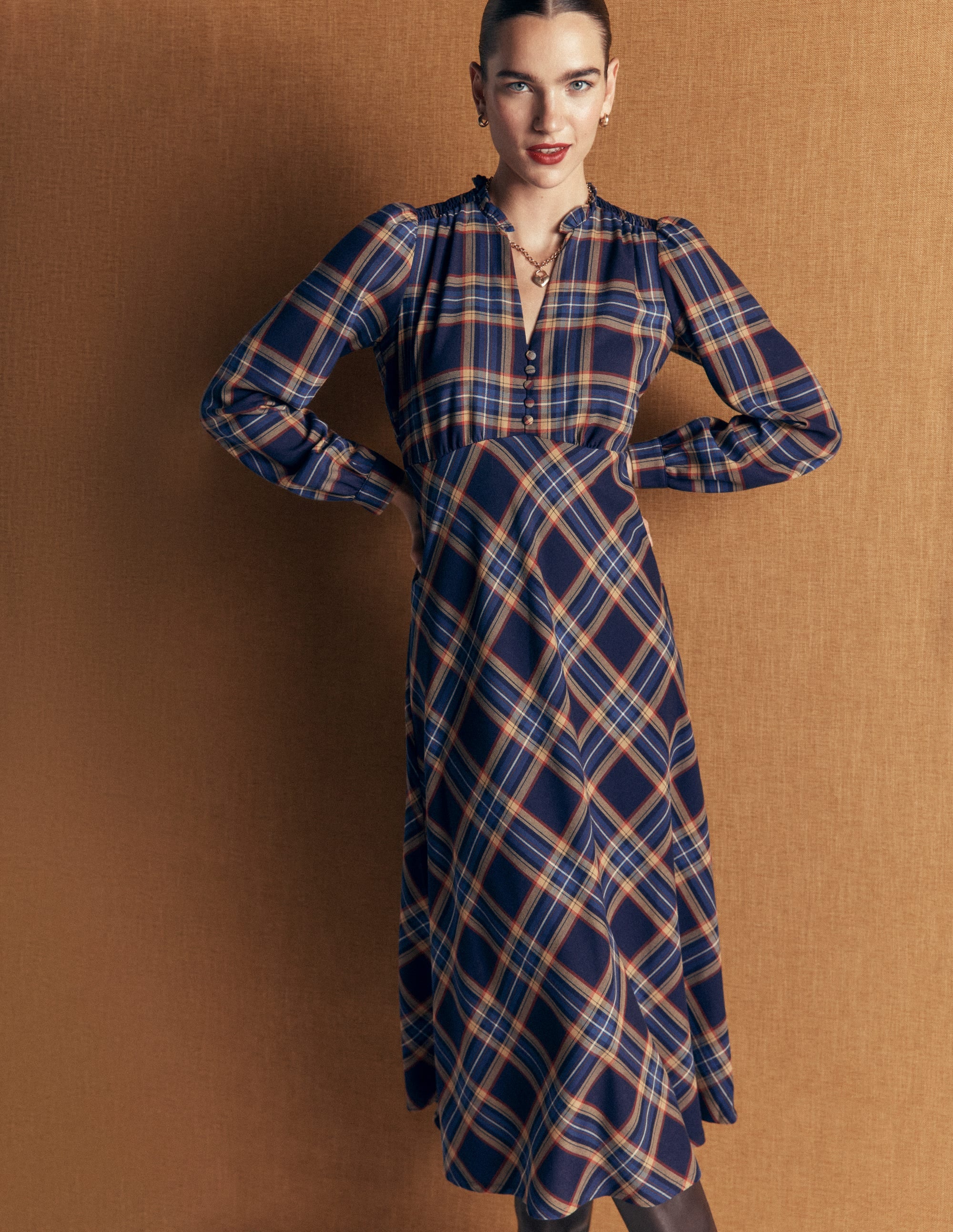Cassie Checked Tea Dress-Navy and Camel Check - Image 2