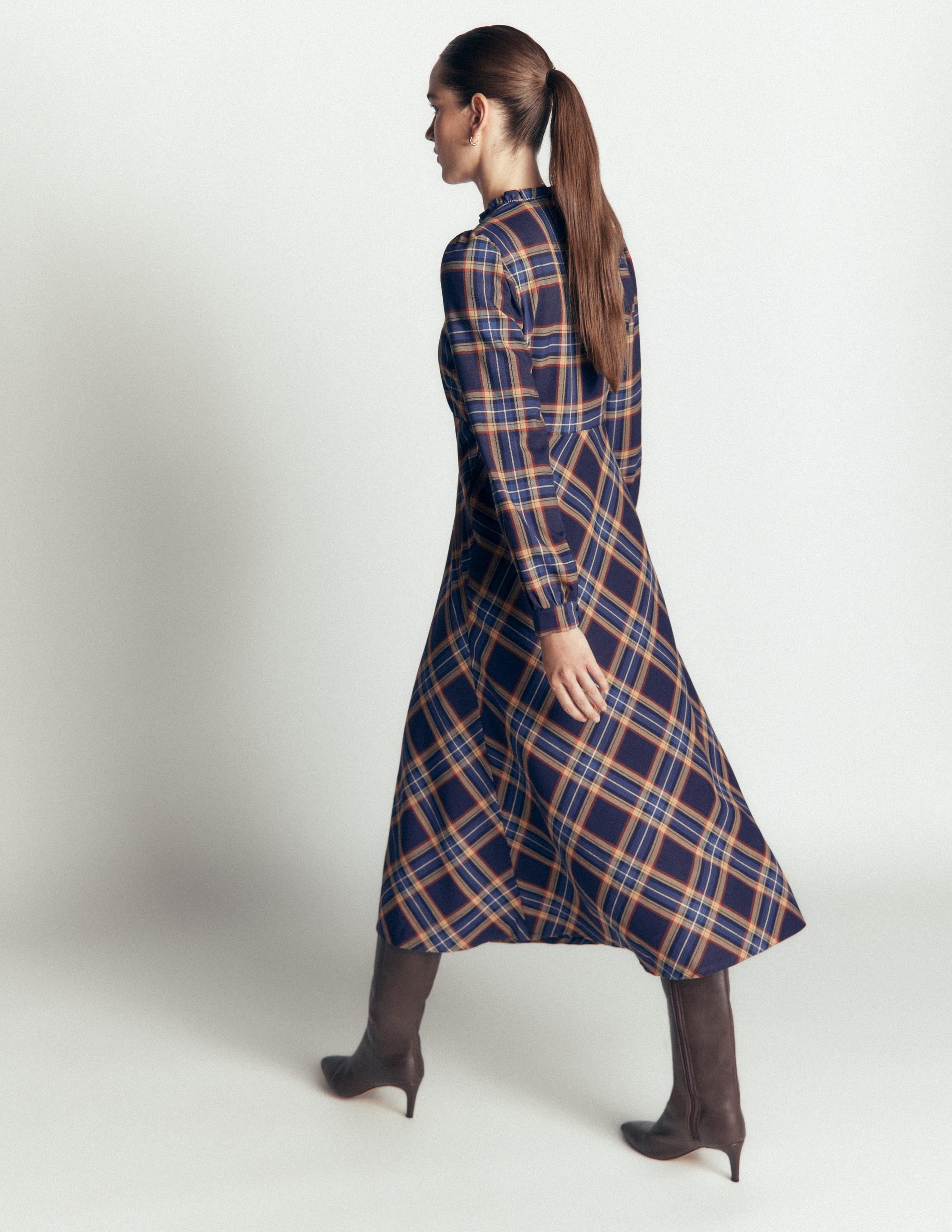Cassie Checked Tea Dress - Navy and Camel Check | Boden USA