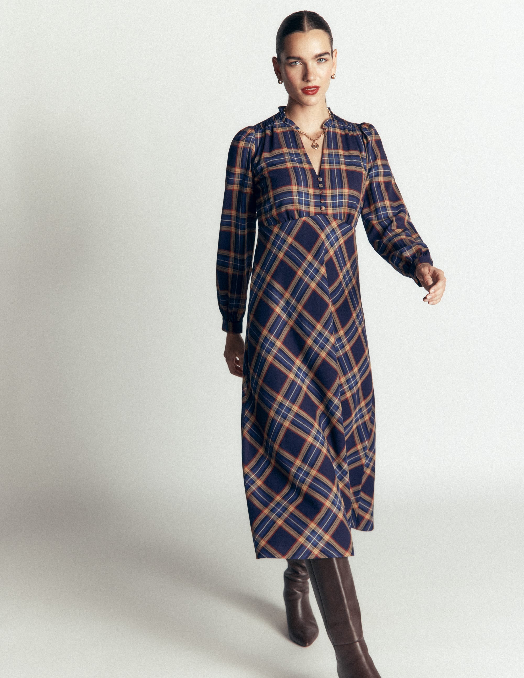 Cassie Checked Tea Dress - Navy and Camel Check | Boden USA