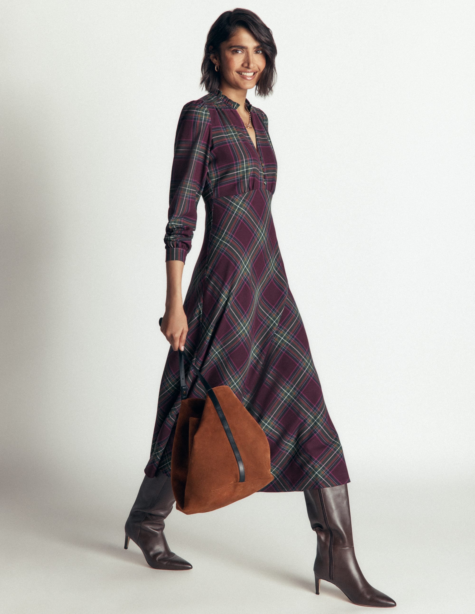 Cassie Checked Tea Dress-Maroon and Olive Check - Image 5