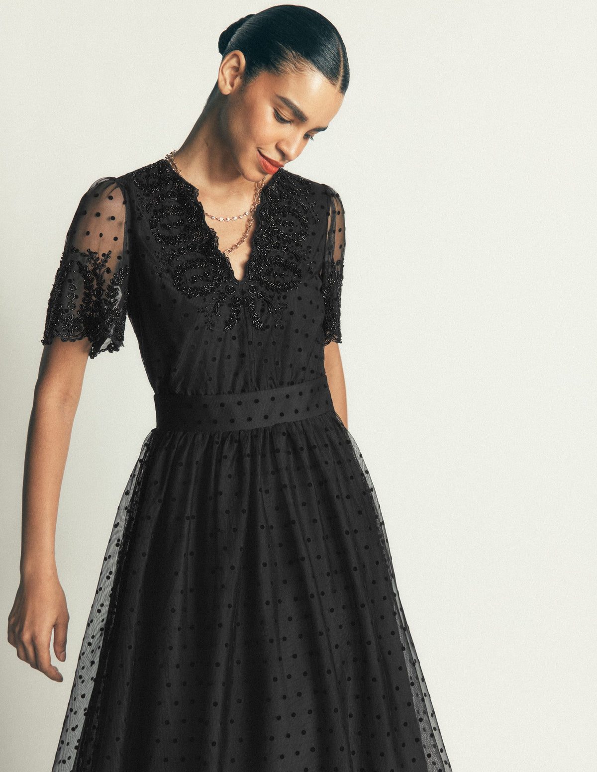 Embroidered Tulle Maxi Dress-Black-5