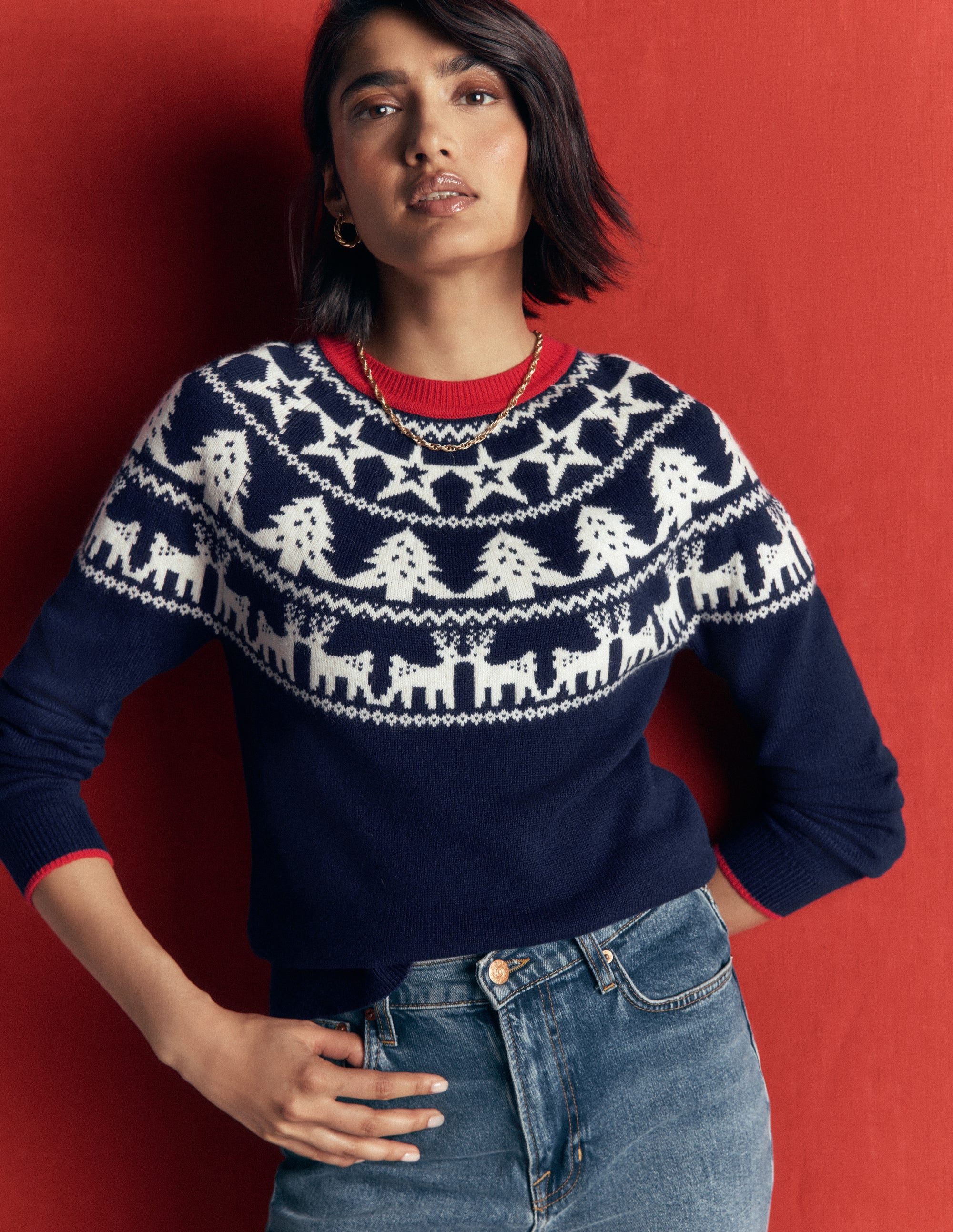Edie Fair Isle Sweater-Navy reindeer - Image 1