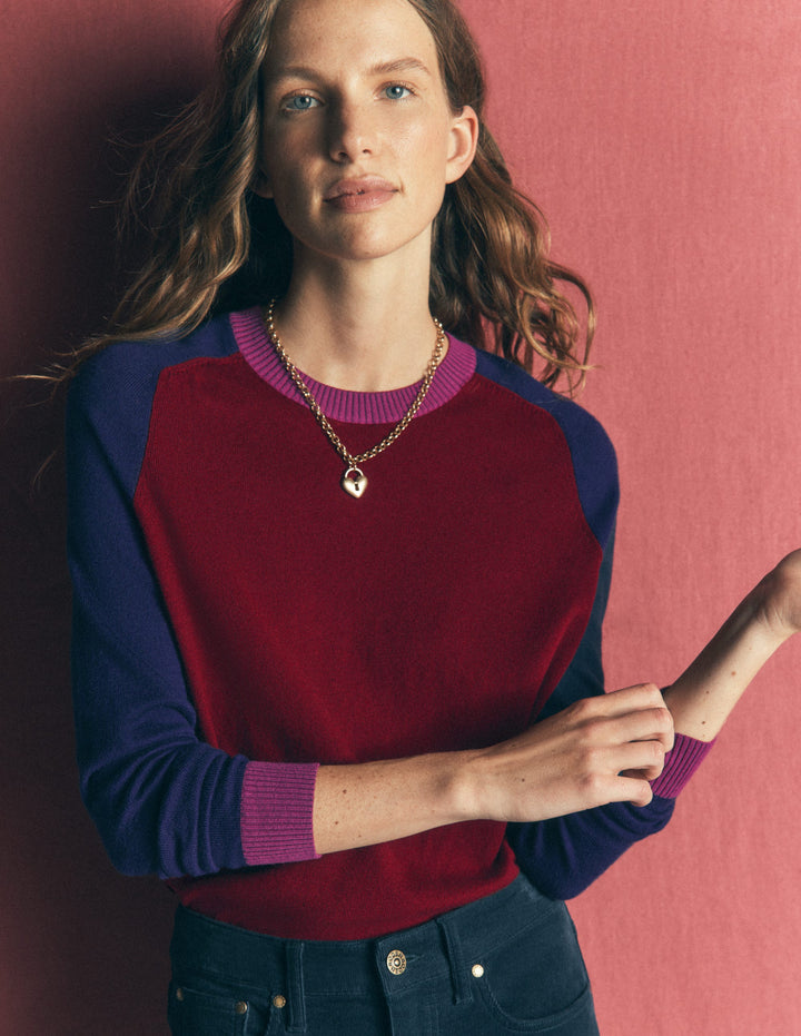 Meg Raglan Sleeve Sweater-Merlot, Colour Block