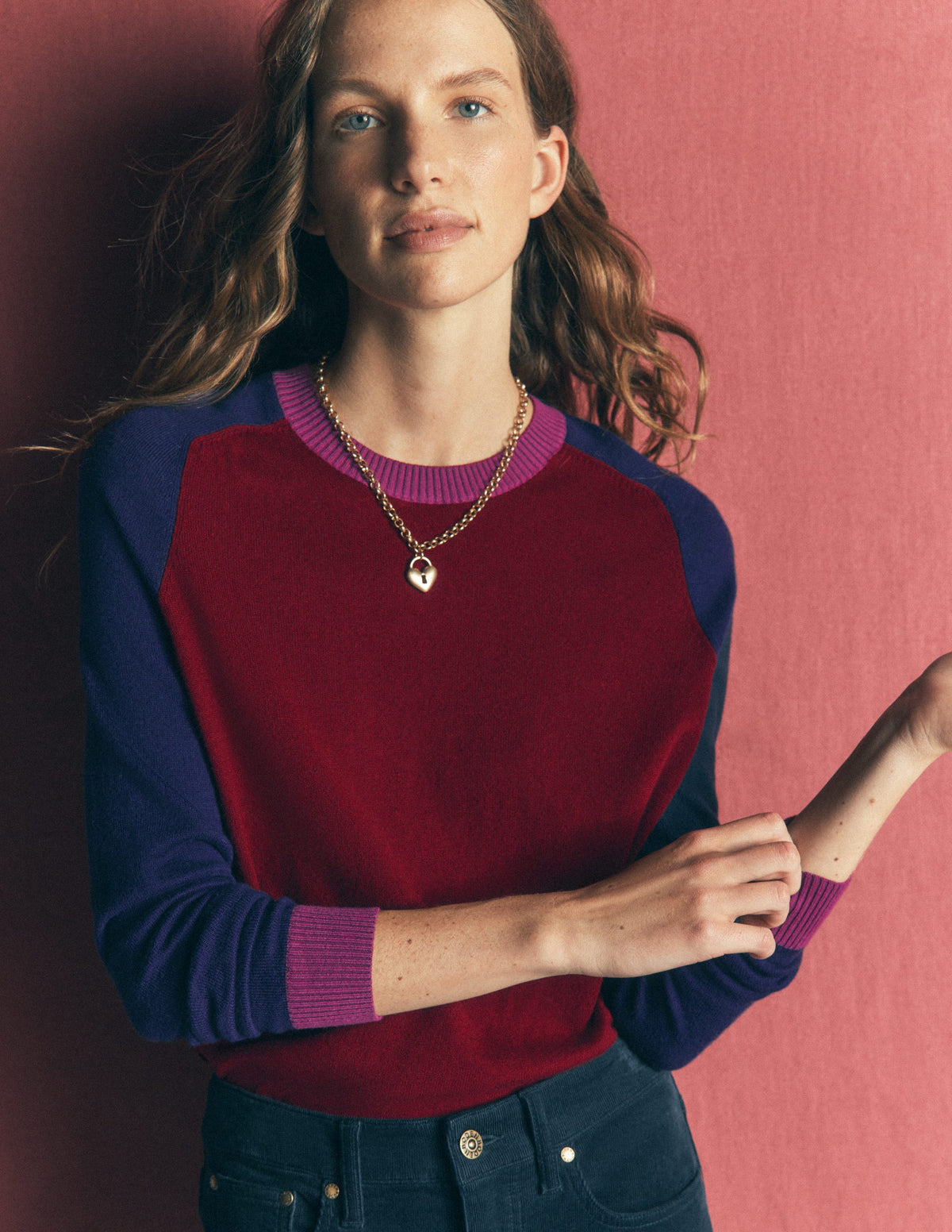 Meg Raglan Sleeve Sweater-Merlot, Colour Block-1