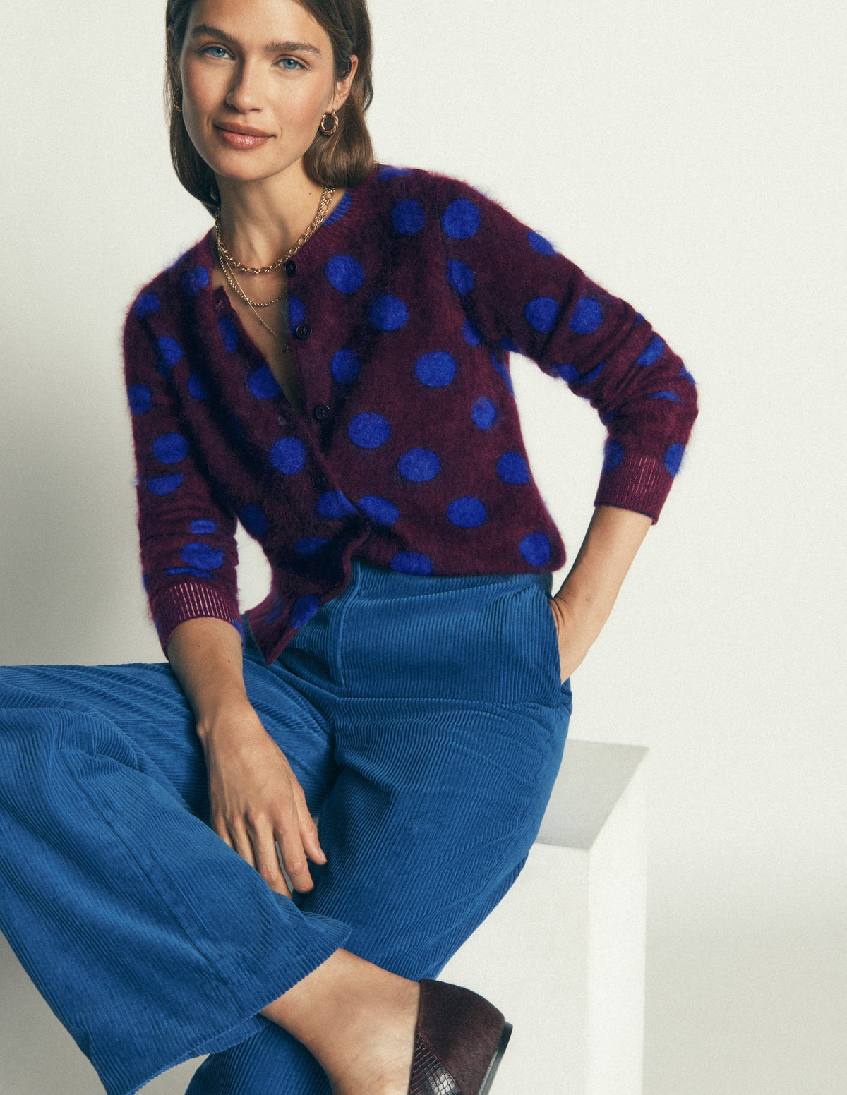 Kat Brushed Cashmere Cardigan-Dark Cherry Spot - Image 1