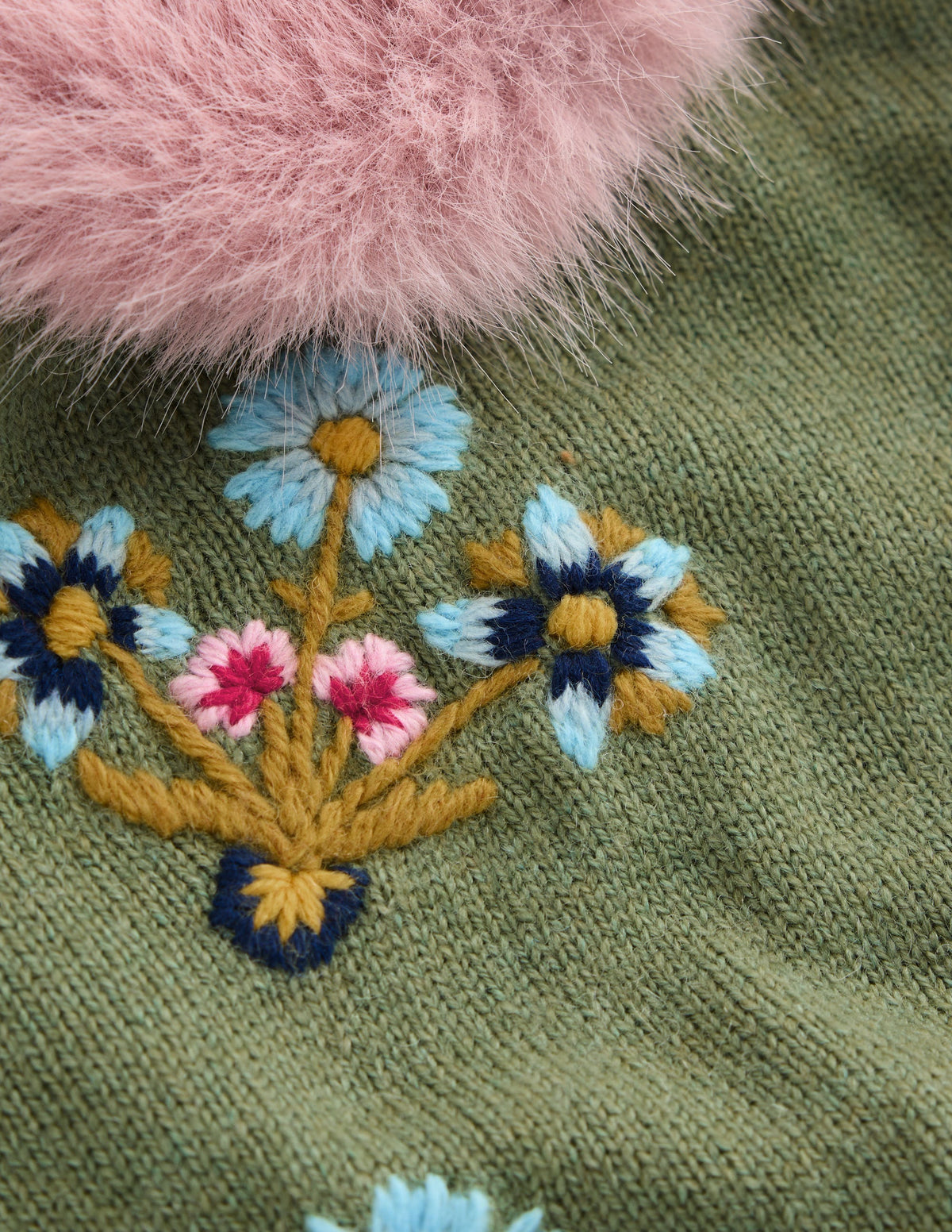 Fur Collar Cropped Cardigan-Laurel Green, Embroidered - Image 9