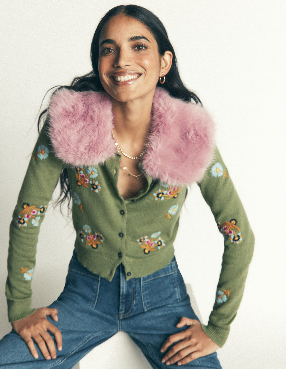 Fur Collar Cropped Cardigan-Laurel Green, Embroidered - Image 1