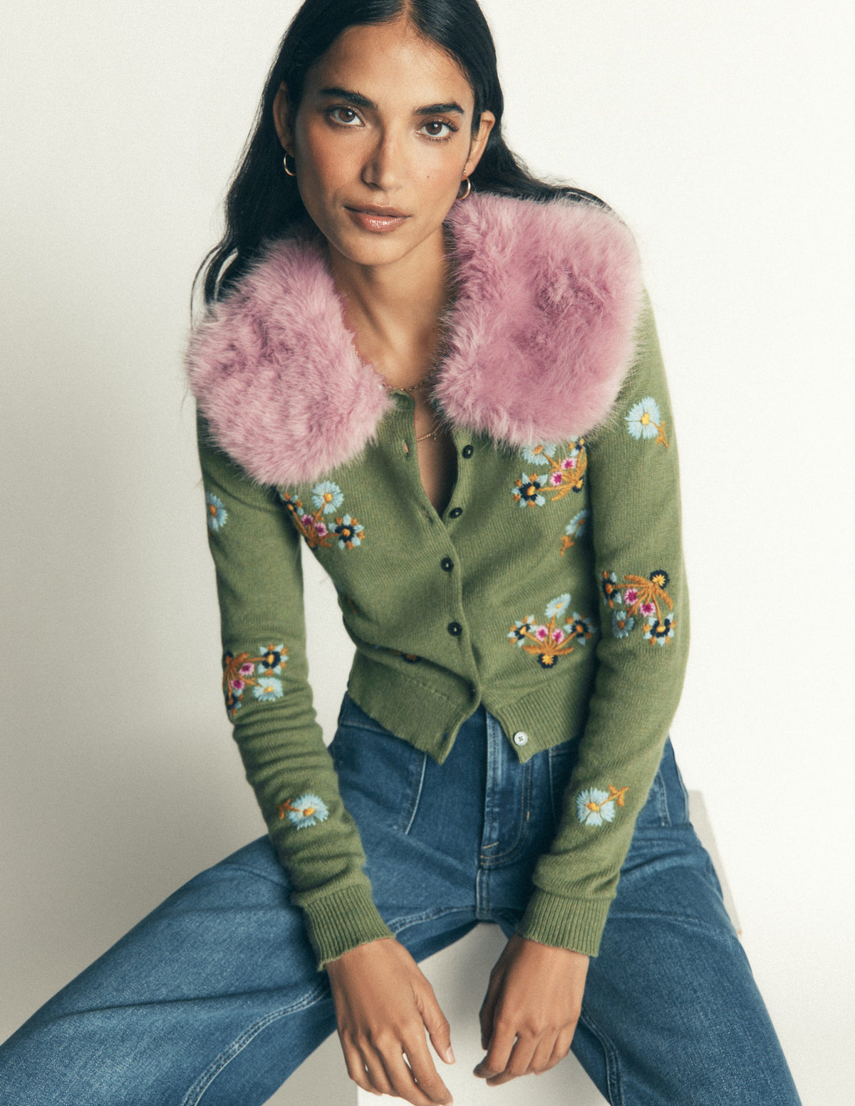 Fur Collar Cropped Cardigan-Laurel Green, Embroidered-2