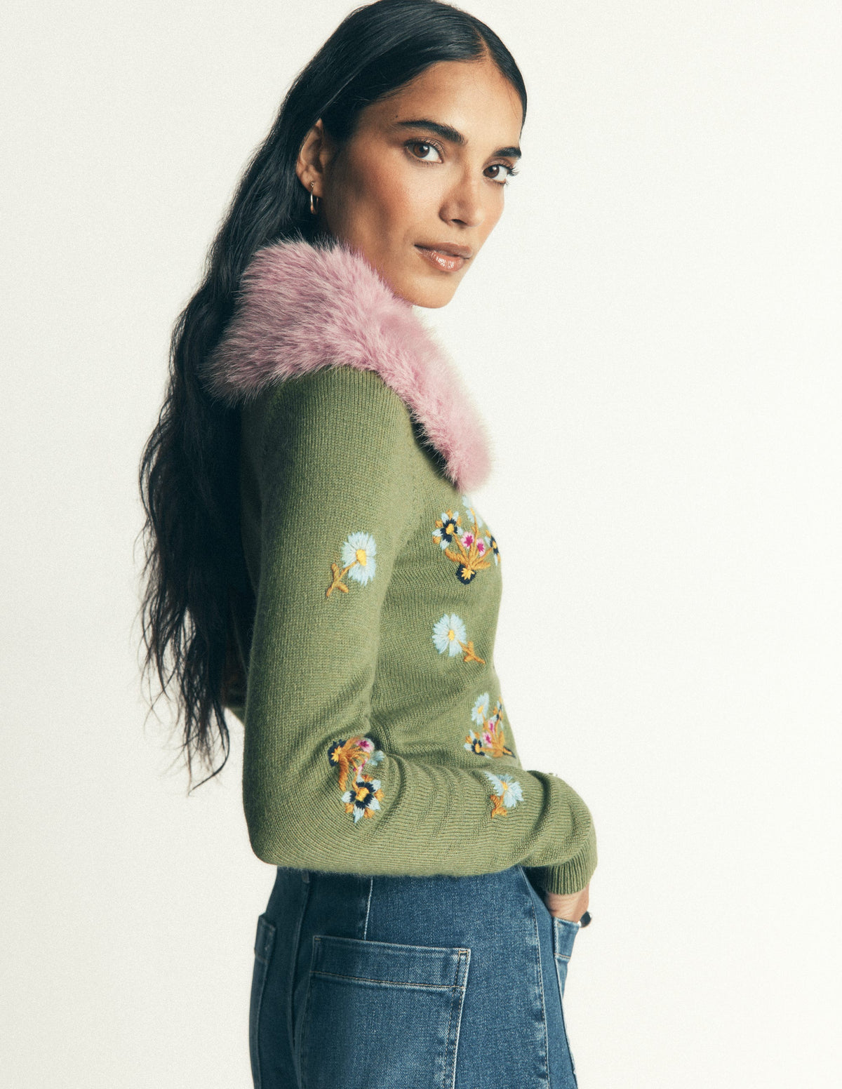 Fur Collar Cropped Cardigan-Laurel Green, Embroidered-3