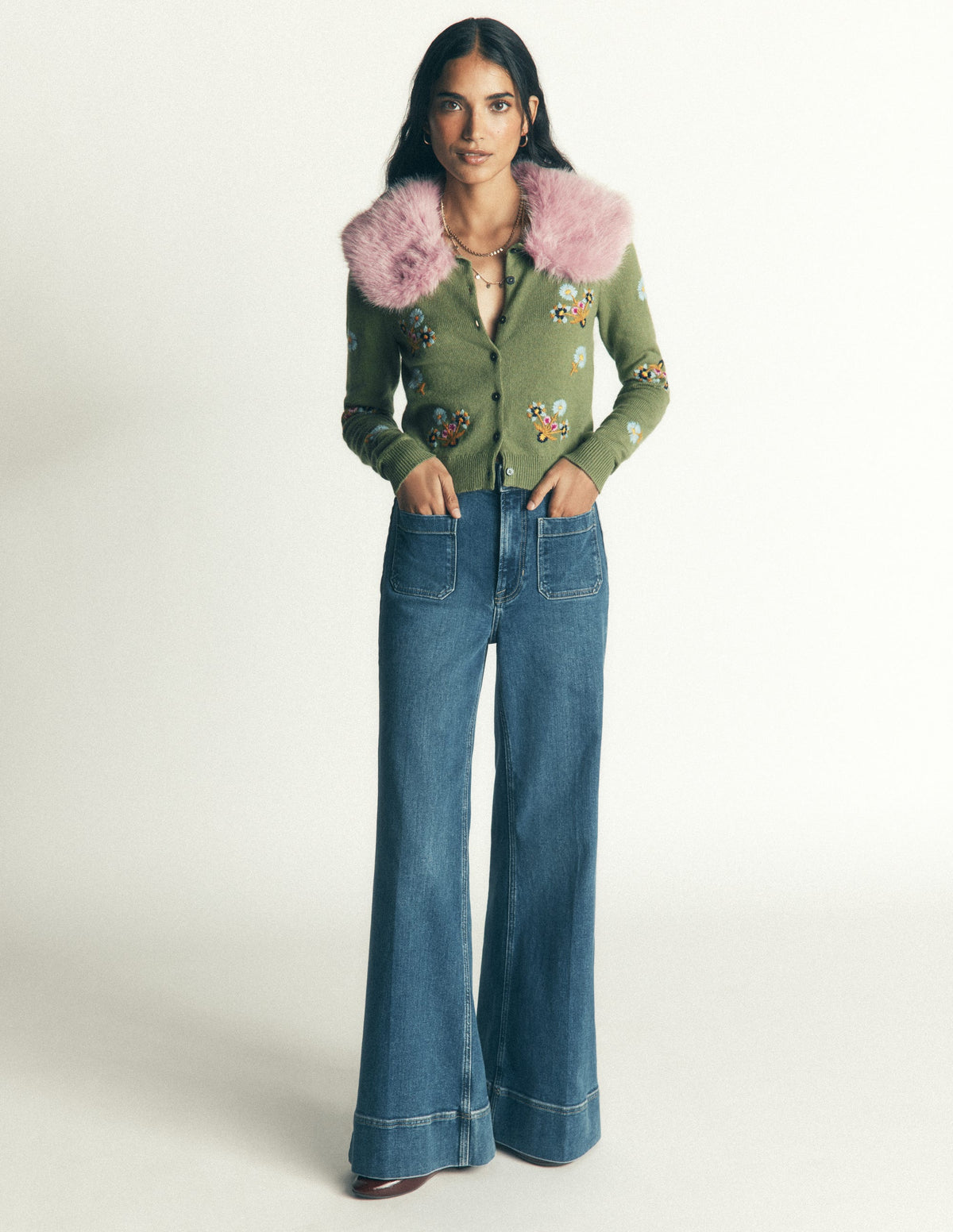 Fur Collar Cropped Cardigan-Laurel Green, Embroidered - Image 4