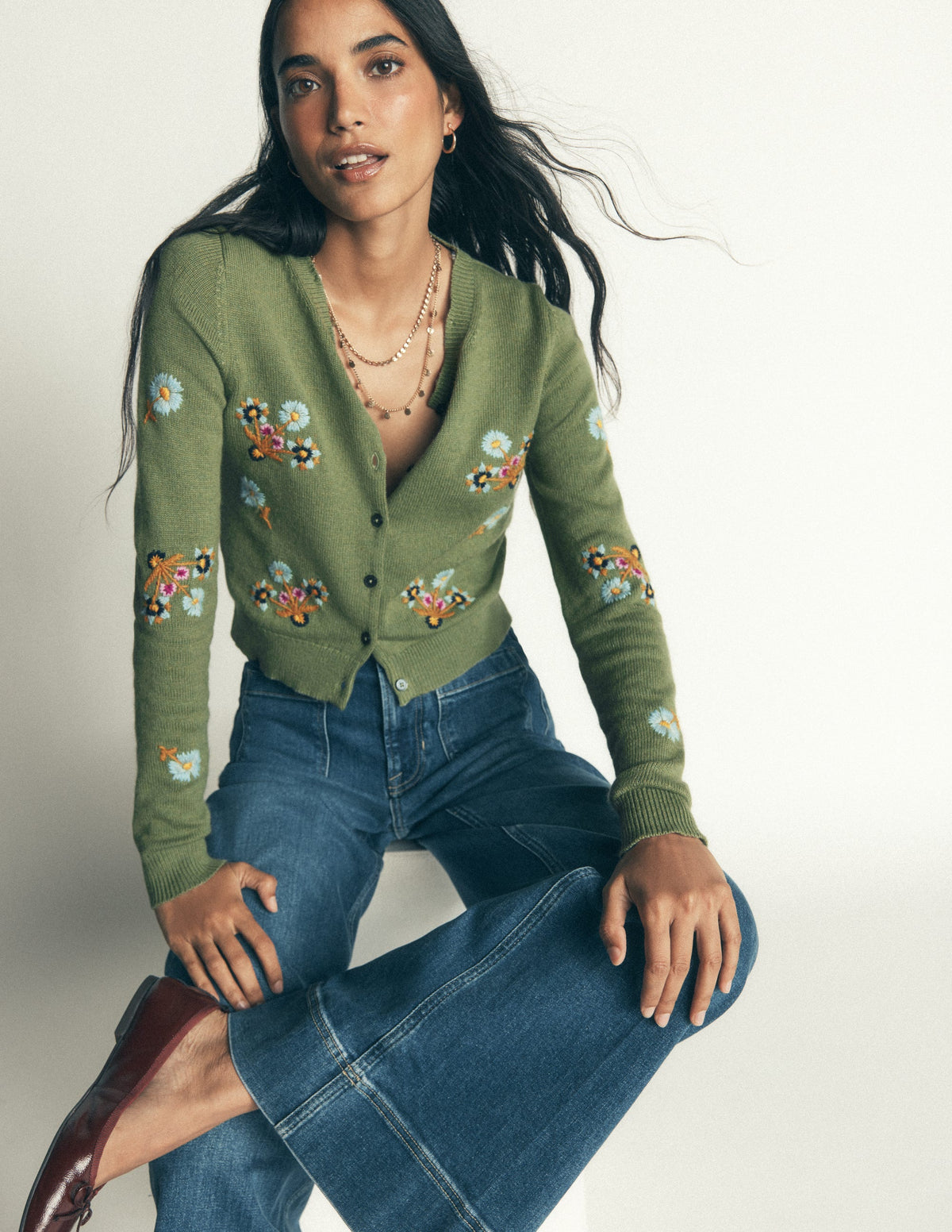Fur Collar Cropped Cardigan-Laurel Green, Embroidered-5