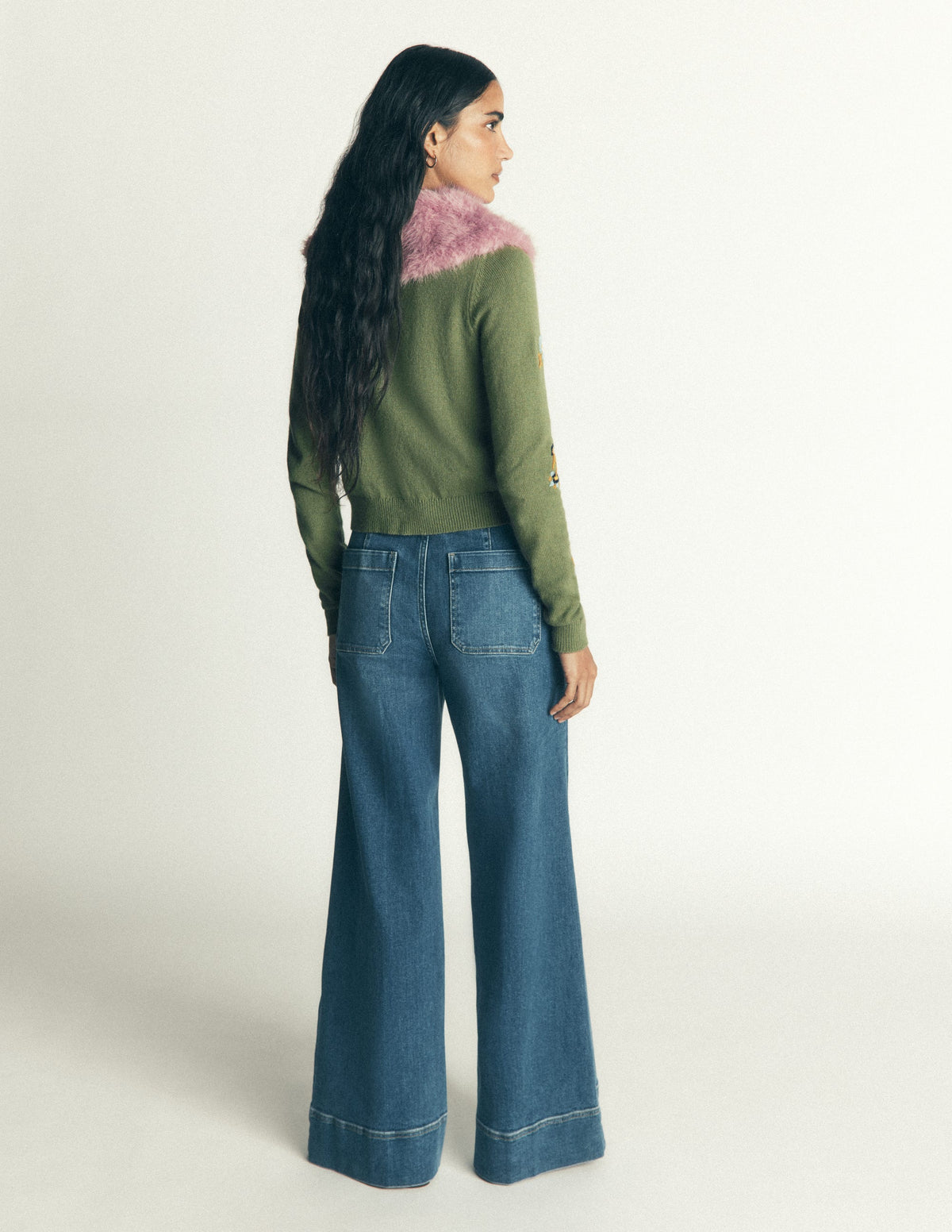 Fur Collar Cropped Cardigan-Laurel Green, Embroidered - Image 6
