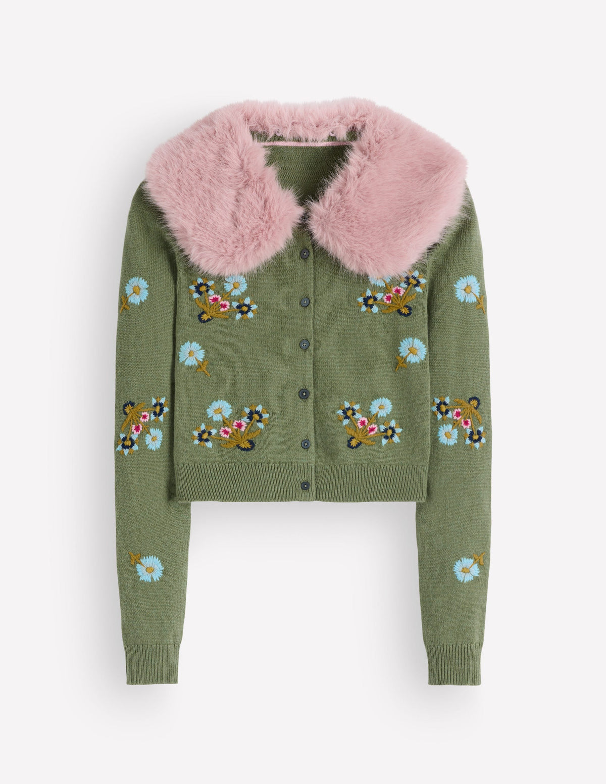 Fur Collar Cropped Cardigan-Laurel Green, Embroidered-8