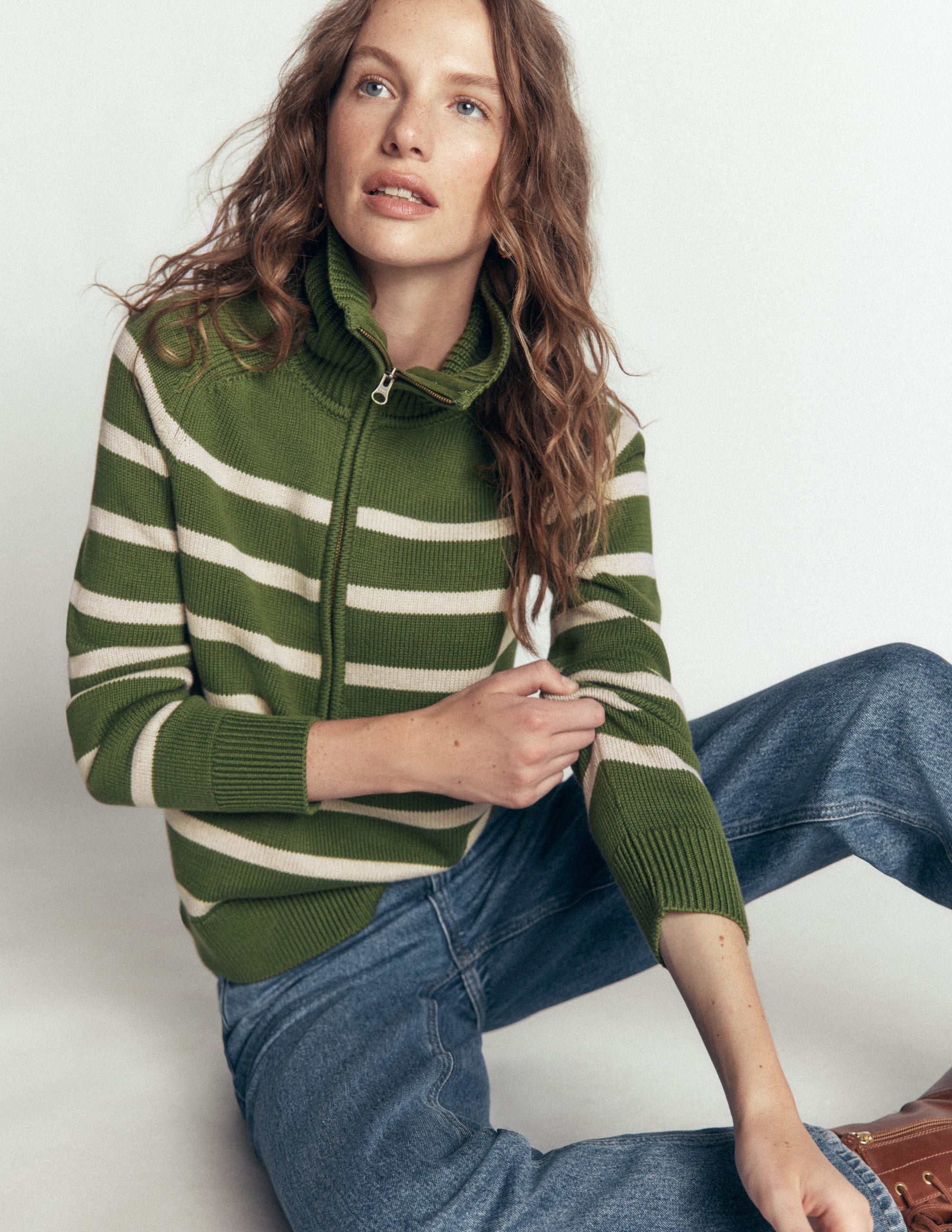 Lucy Half Zip Sweater-Green Stripe - Image 1