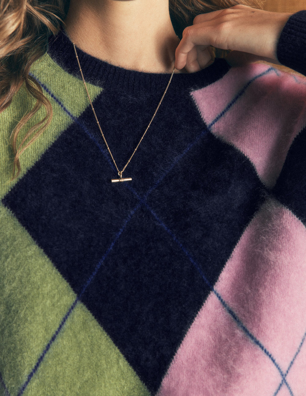 Kat Brushed Cashmere Sweater-Navy, Pink, Green Argyle-3