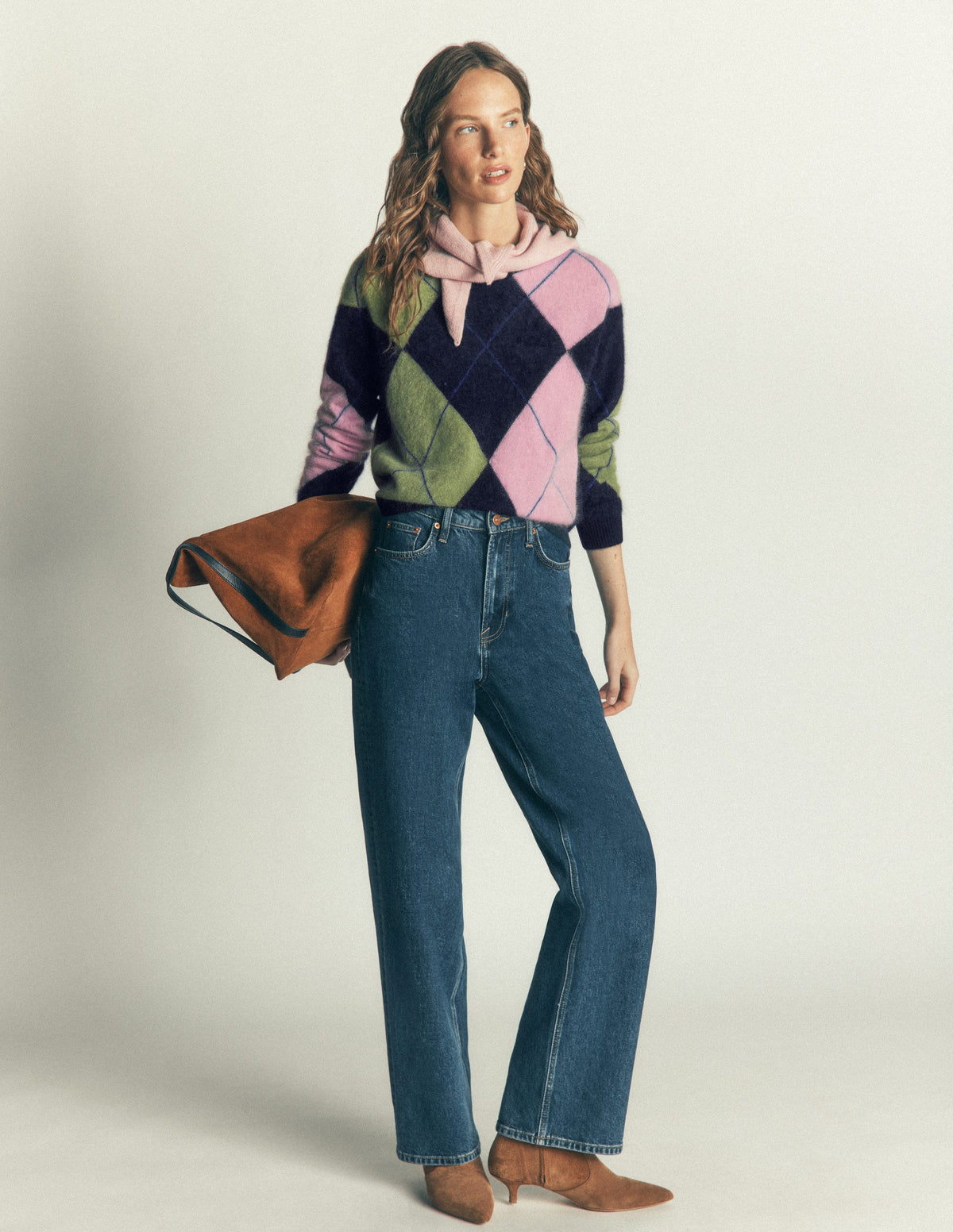 Kat Brushed Cashmere Sweater-Navy, Pink, Green Argyle - Image 5