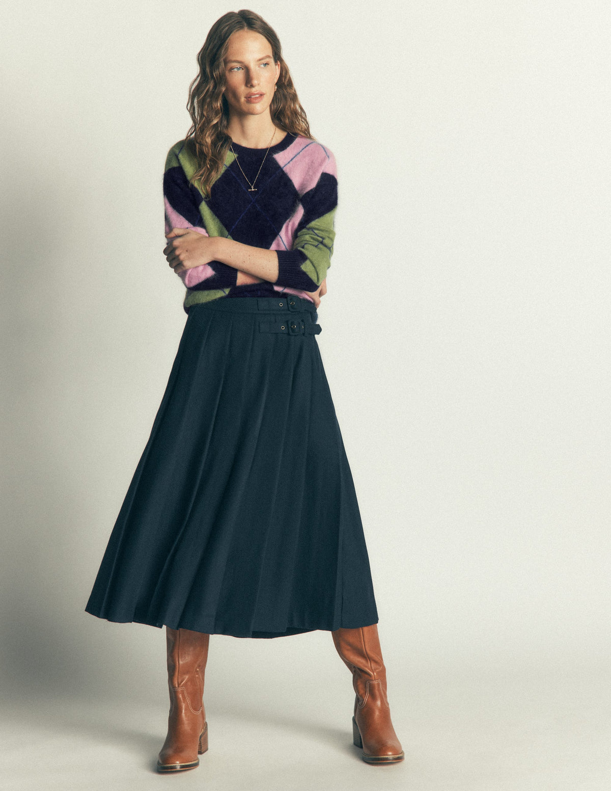 Kat Brushed Cashmere Sweater-Navy, Pink, Green Argyle - Image 6