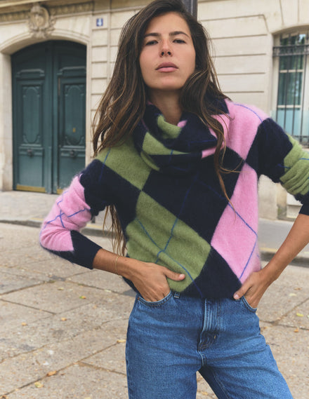 Kat Brushed Cashmere Sweater-Navy, Pink, Green Argyle