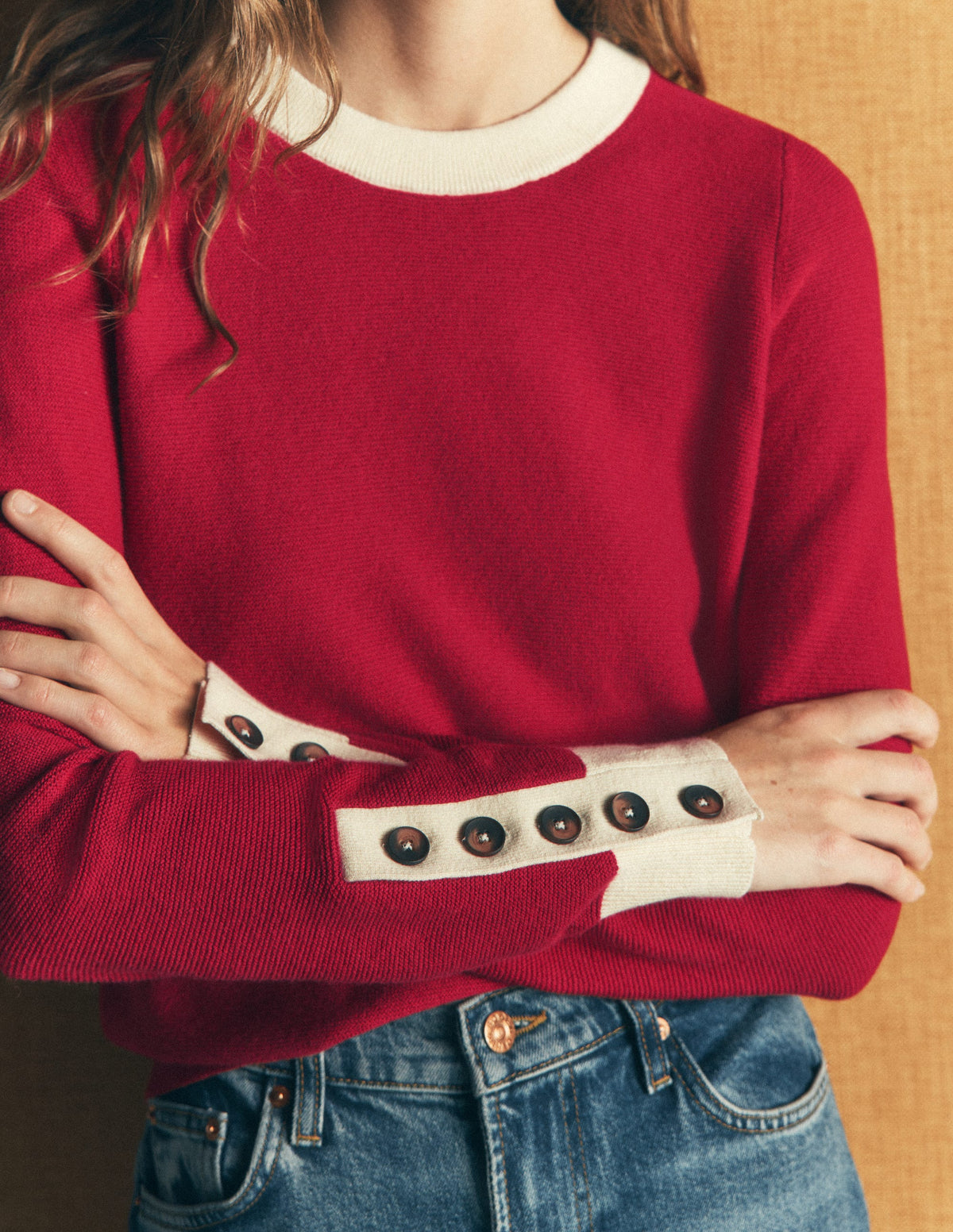 Grace Colour Block Sweater-Poppy Red, Ivory - Image 2