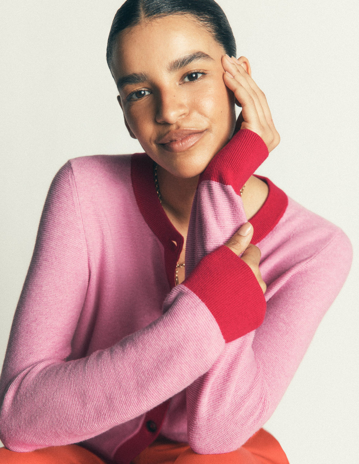 Grace Colour Block Cardigan-Peony Pink, Red - Image 2