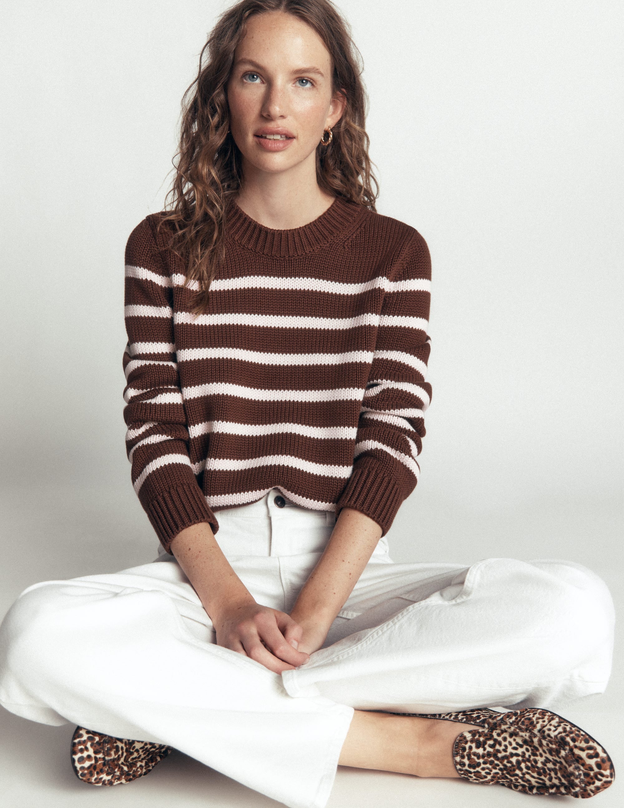 Lucy Chunky Cotton Sweater-brown, ivory stripe - Image 1
