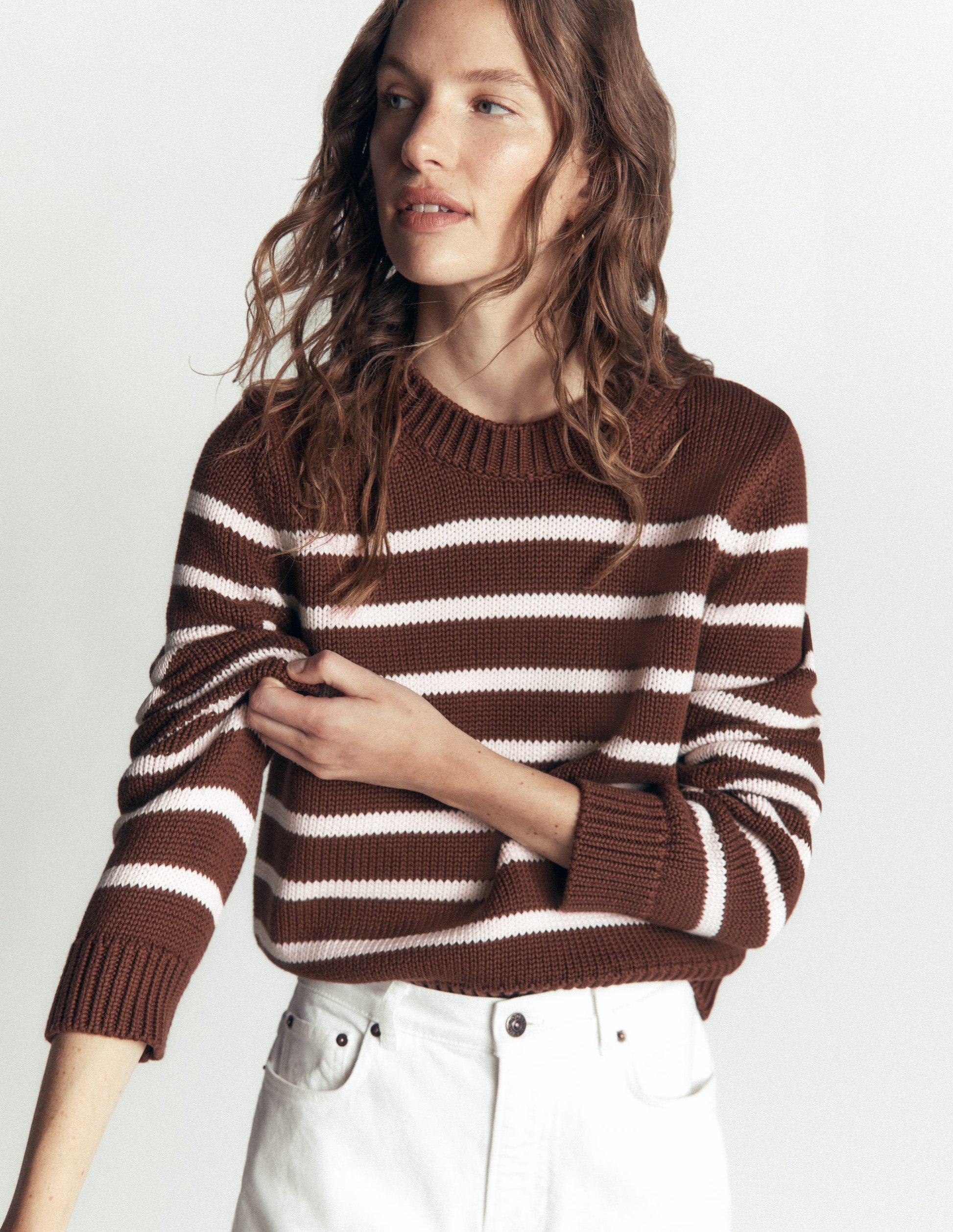Lucy Chunky Cotton Sweater-brown, ivory stripe-2
