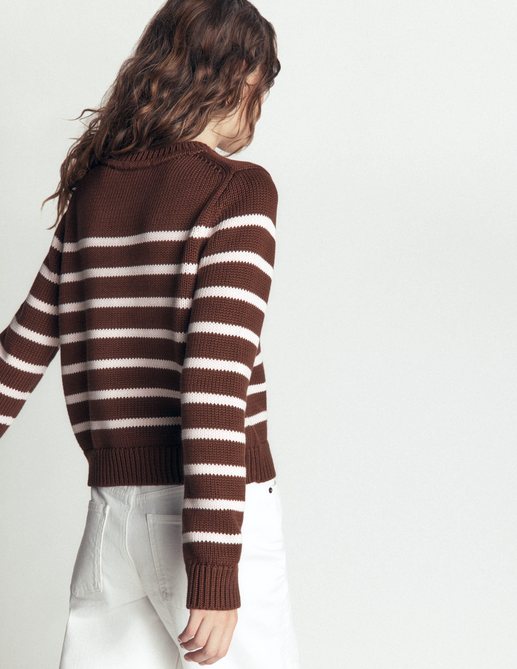 Lucy Chunky Cotton Sweater-brown, ivory stripe - Image 3
