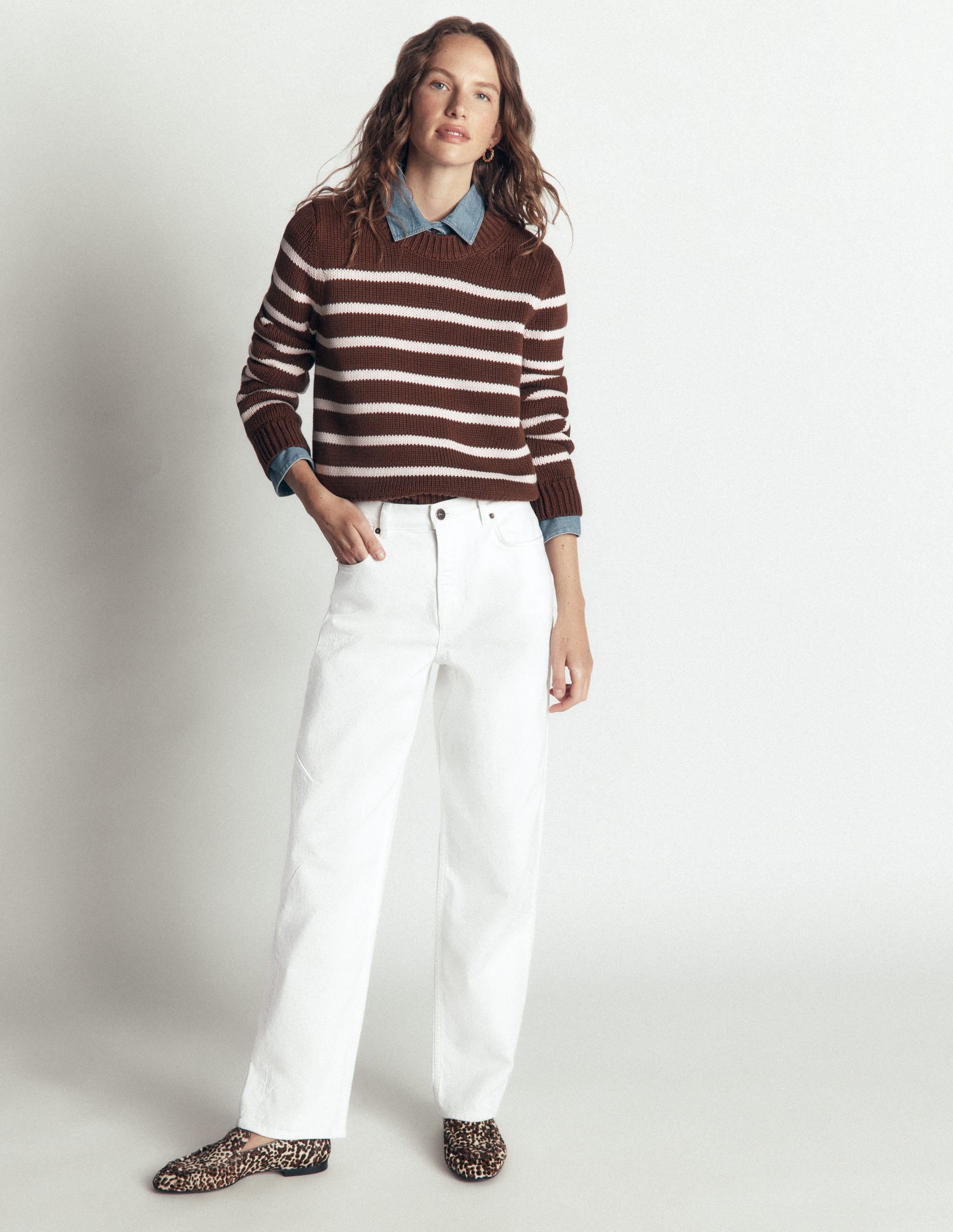 Lucy Chunky Cotton Sweater-brown, ivory stripe - Image 4