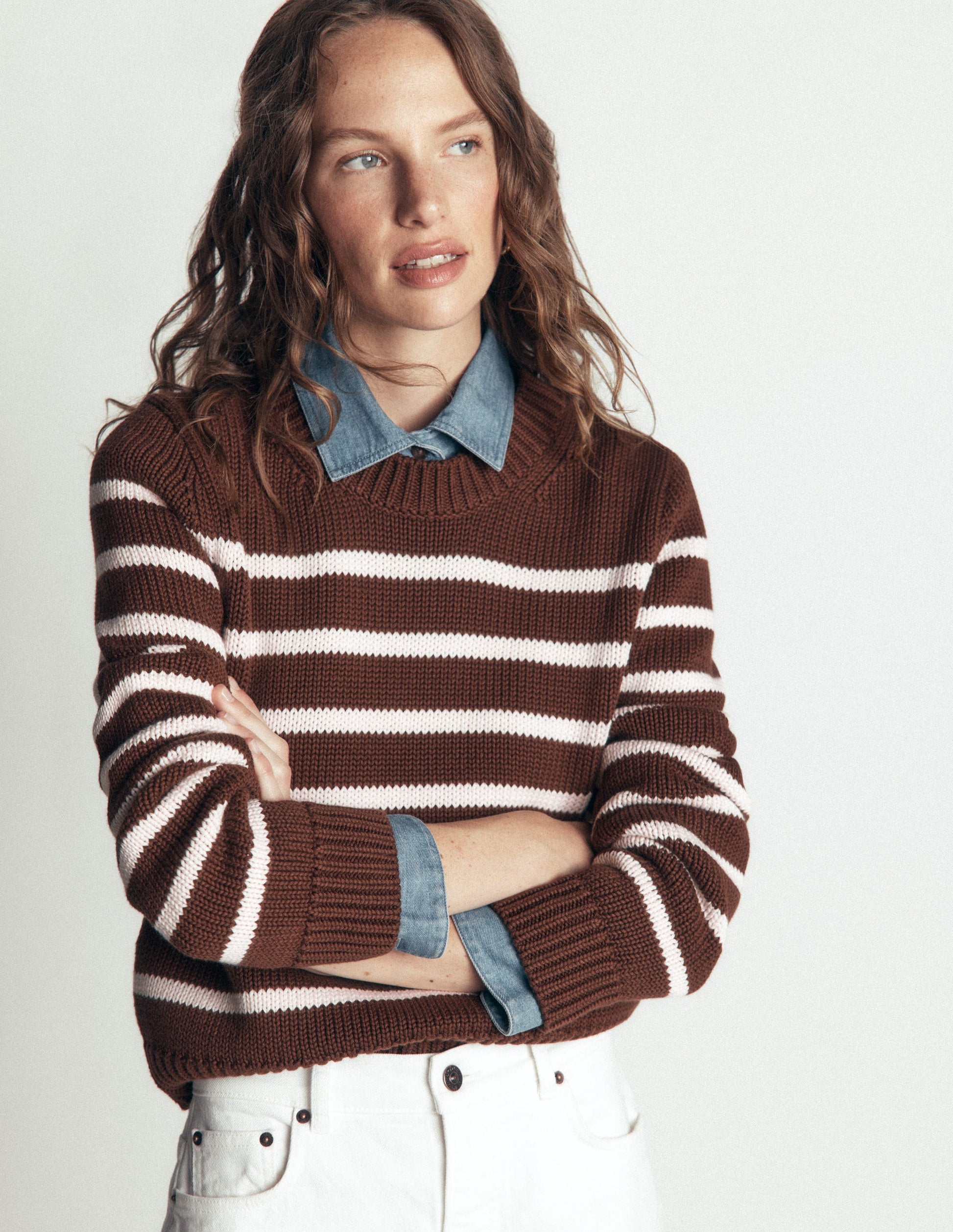 Lucy Chunky Cotton Sweater-brown, ivory stripe-5