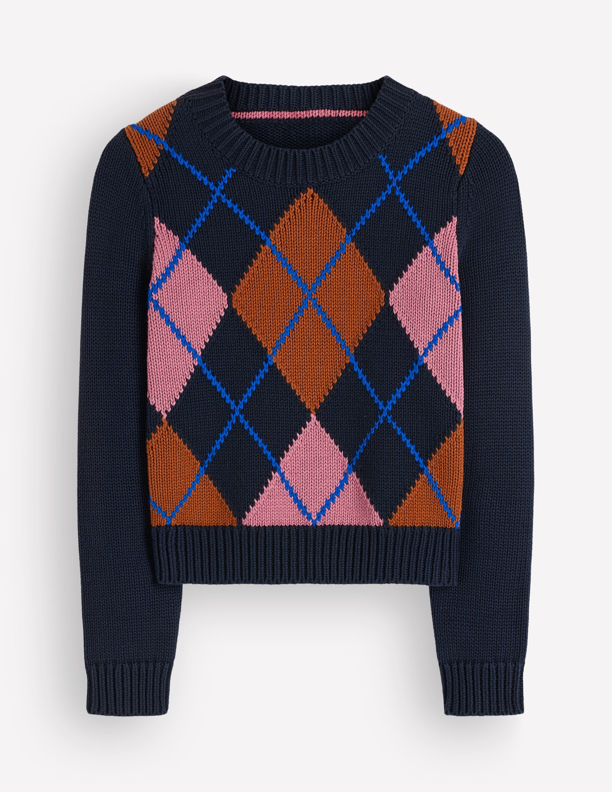 Lucy Chunky Cotton Sweater-navy, pink and brown argyle - Image 6