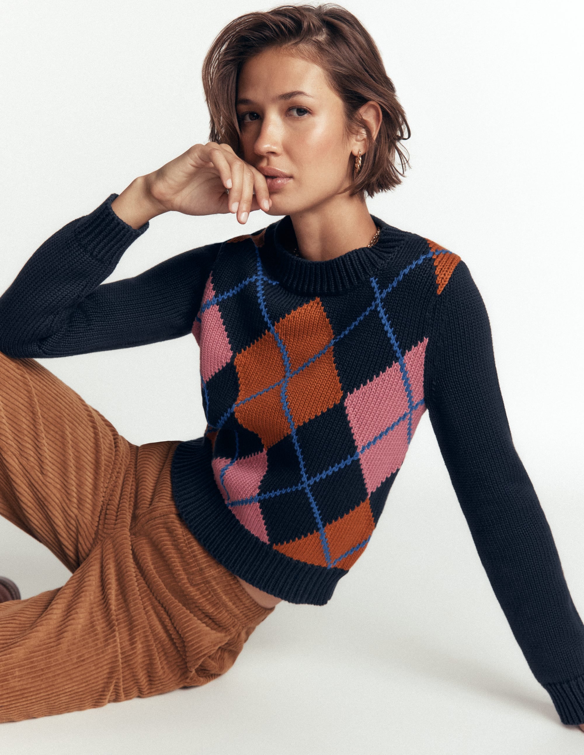 Lucy Chunky Cotton Sweater-navy, pink and brown argyle - Image 2