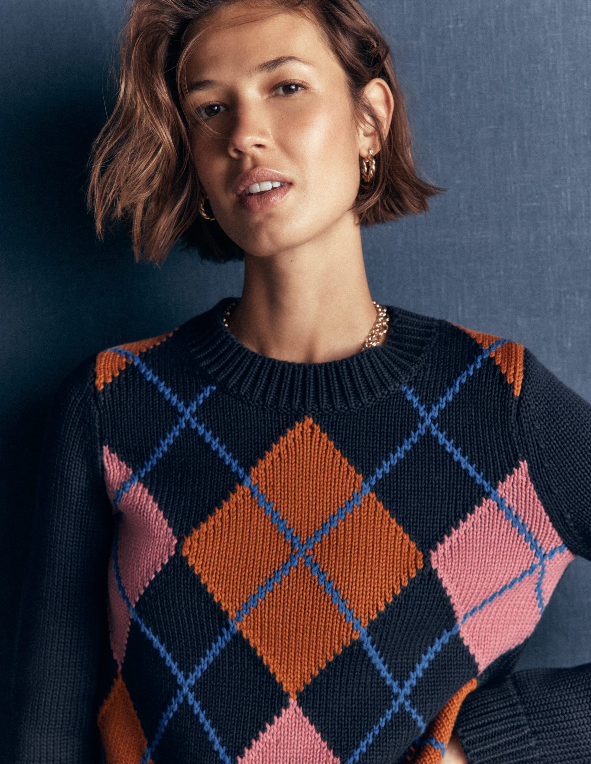 Lucy Chunky Cotton Sweater-navy, pink and brown argyle - Image 3