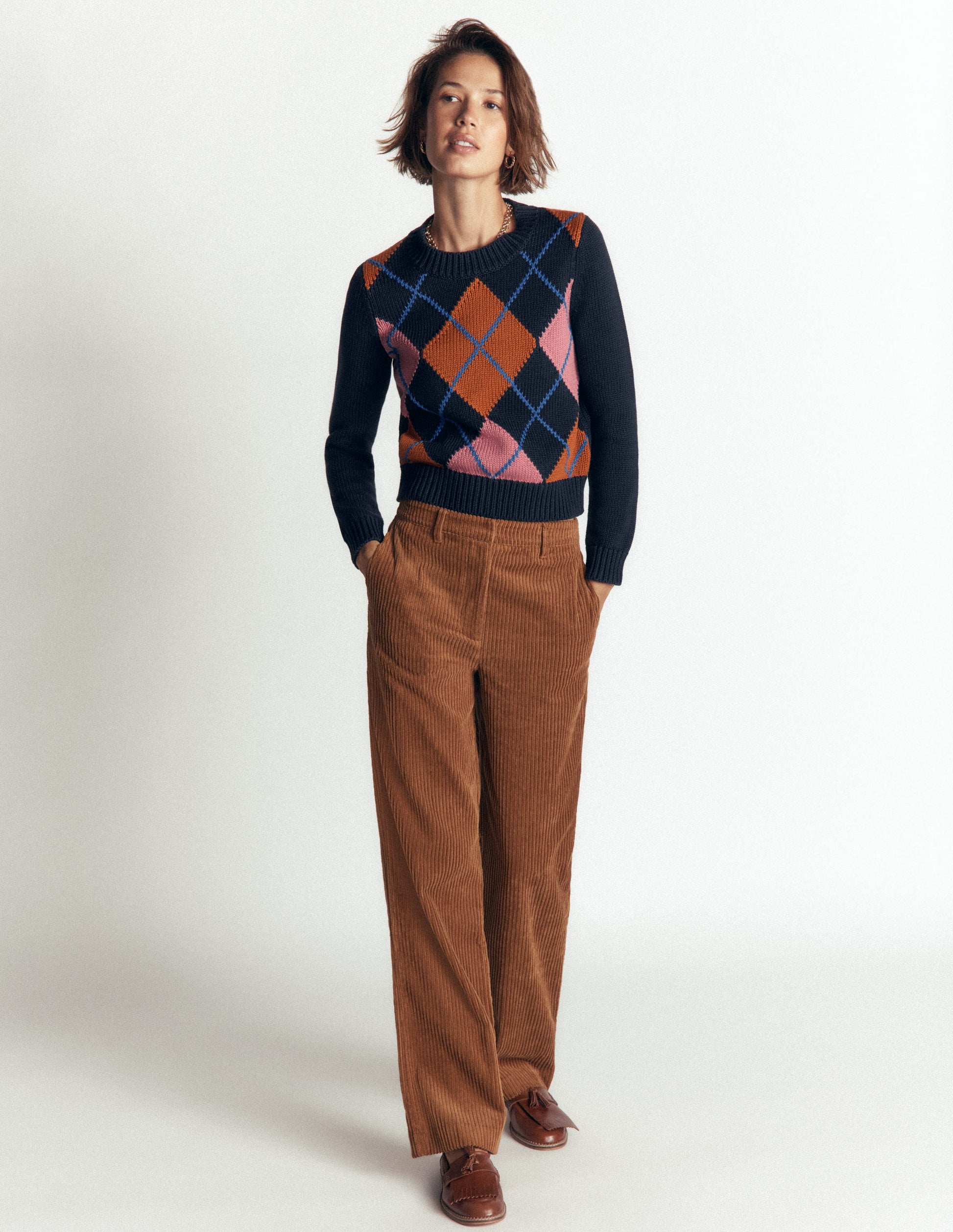 Lucy Chunky Cotton Sweater-navy, pink and brown argyle-6
