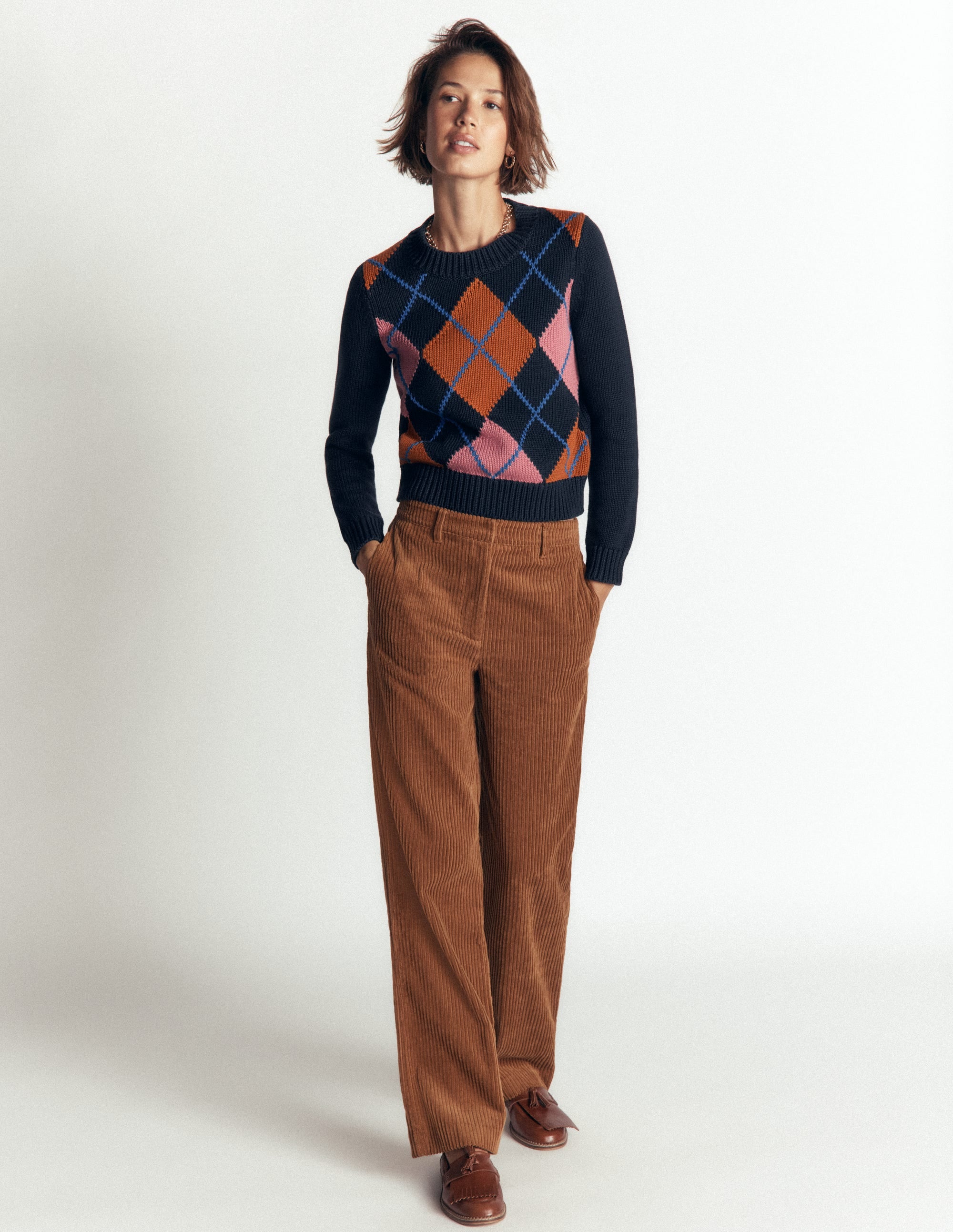 Lucy Chunky Cotton Sweater-navy, pink and brown argyle - Image 5