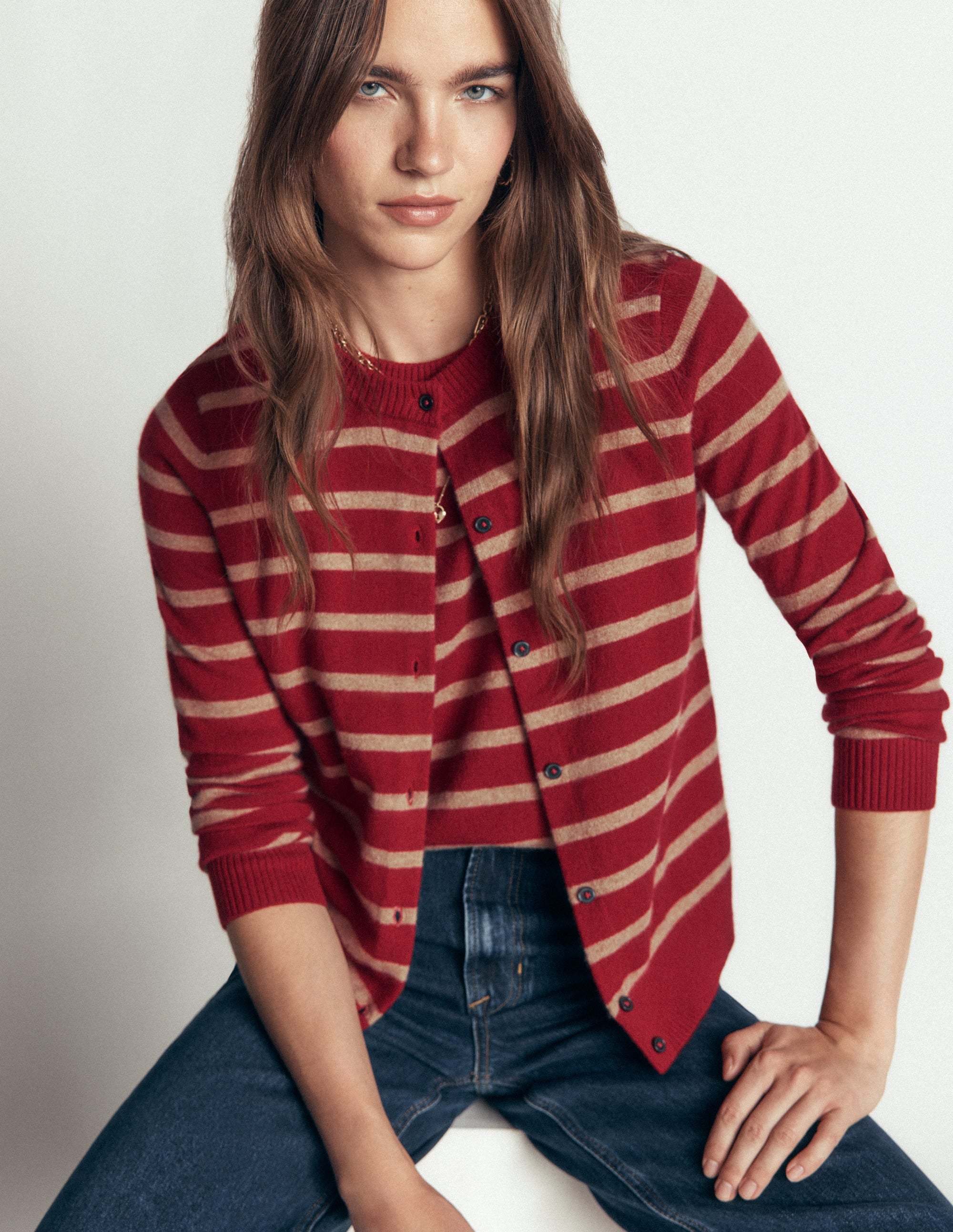 Elsie Cashmere Crew Cardigan-Poppy Red, Camel Stripe - Image 2