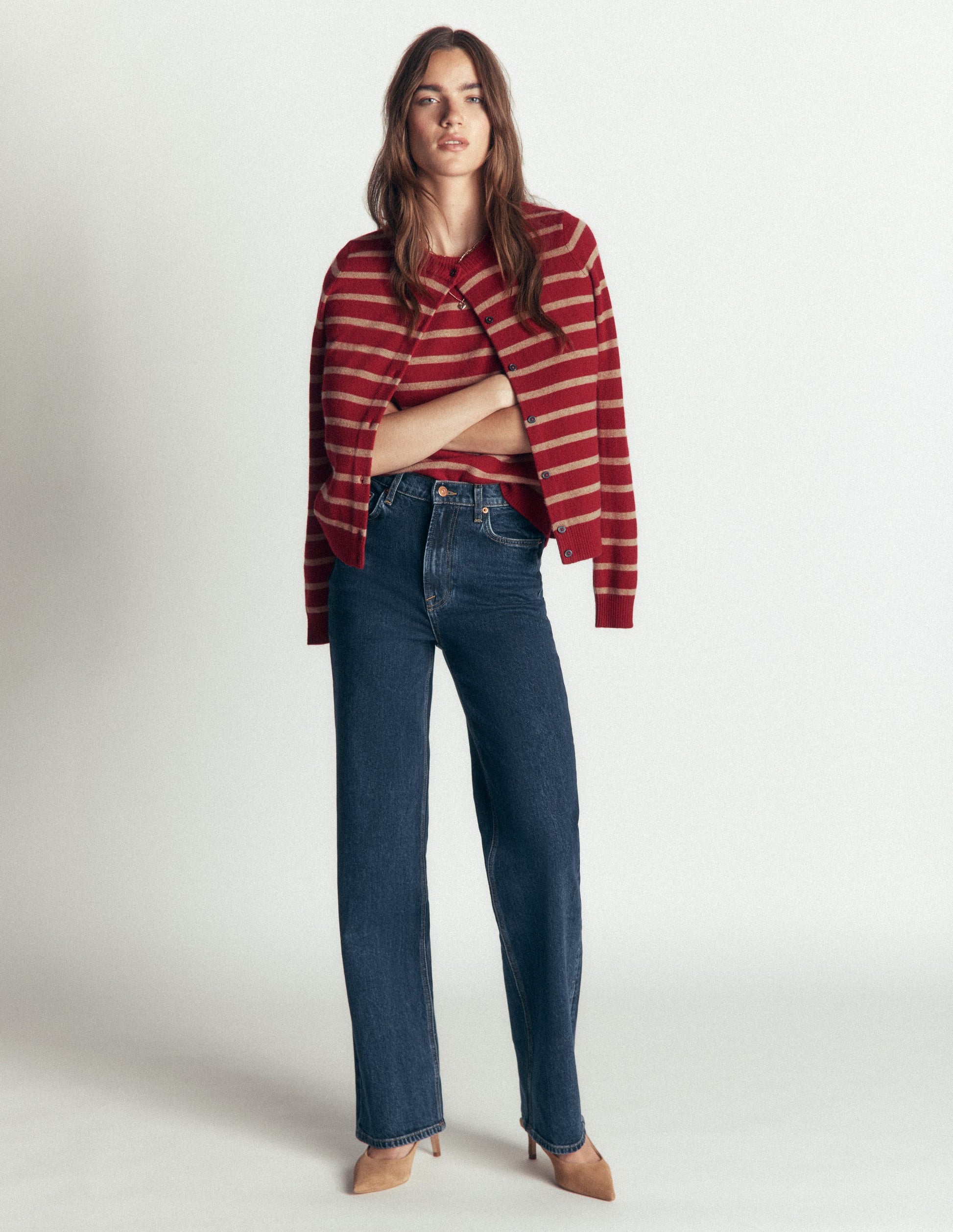 Elsie Cashmere Crew Cardigan-Poppy Red, Camel Stripe-5