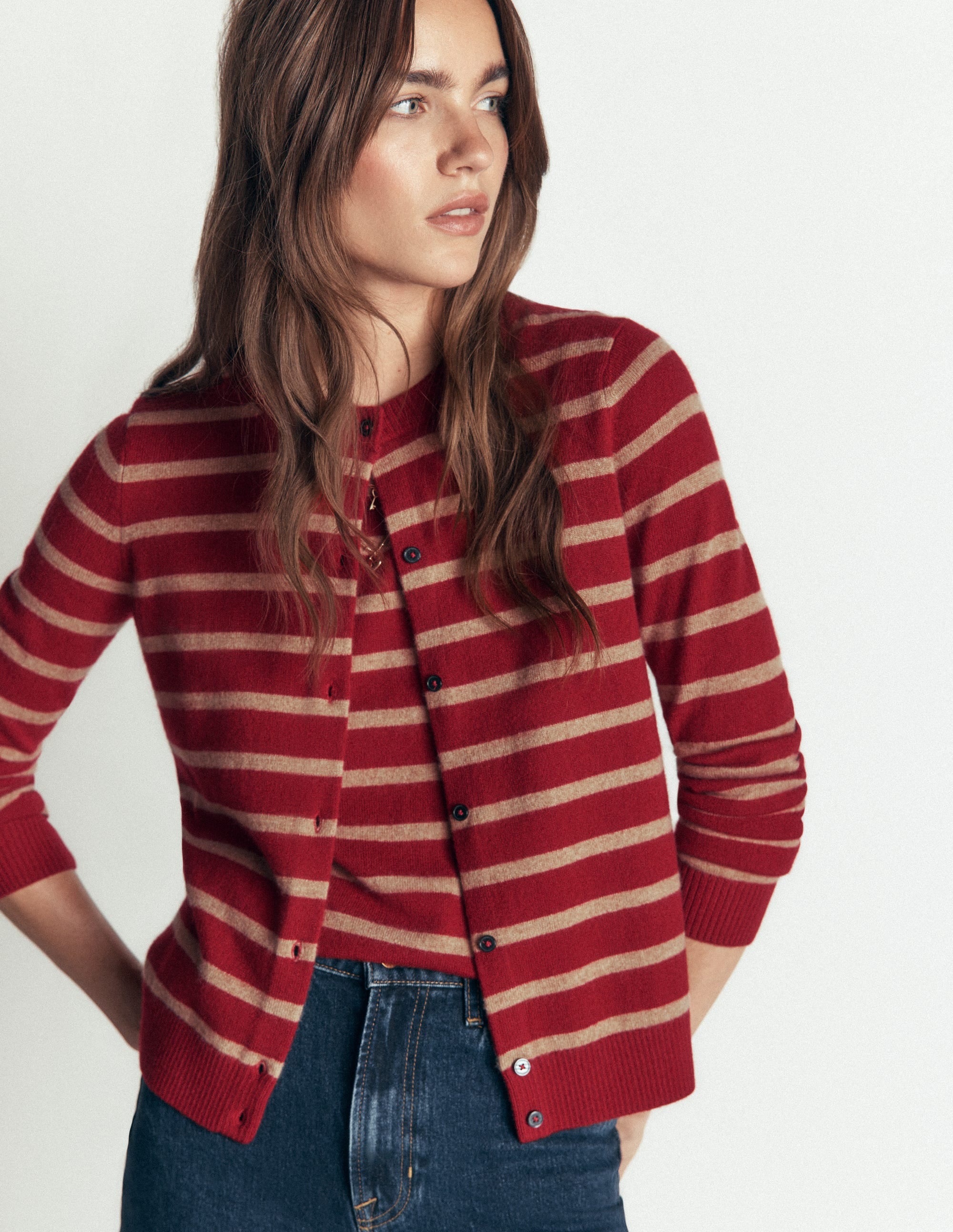 Elsie Cashmere Crew Cardigan-Poppy Red, Camel Stripe - Image 6