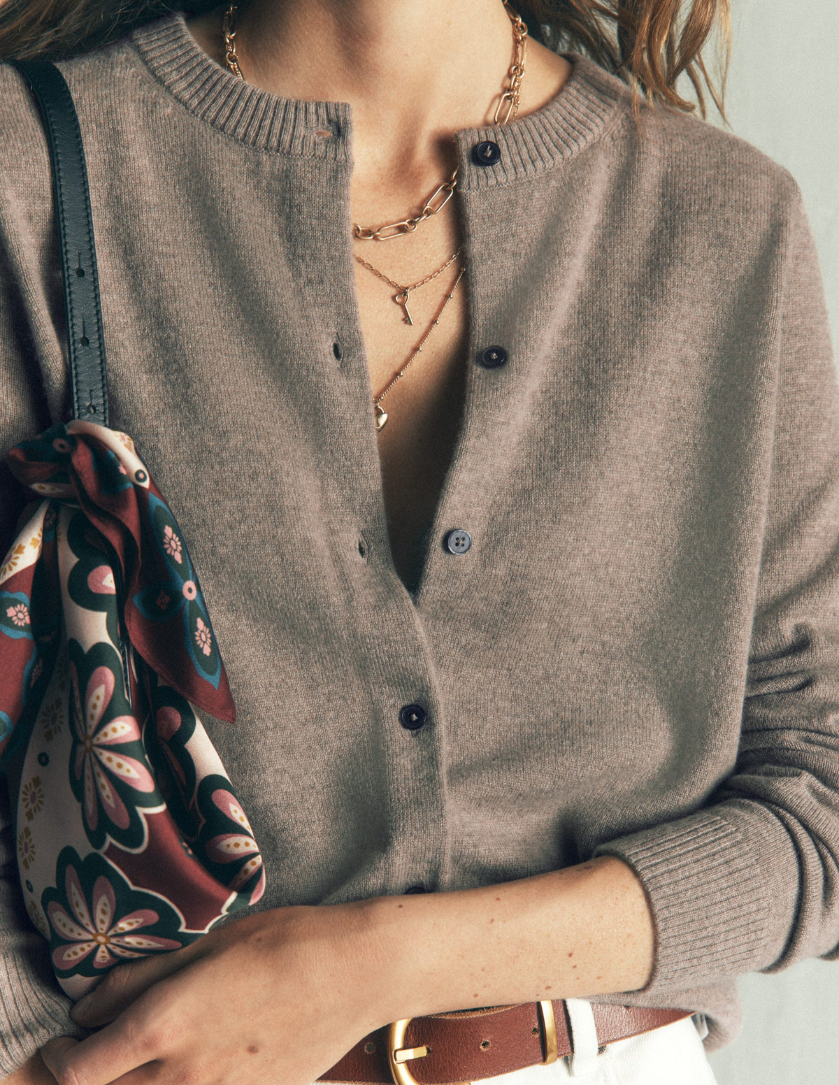 Elsie Cashmere Crew Cardigan-Mink Melange - Image 2