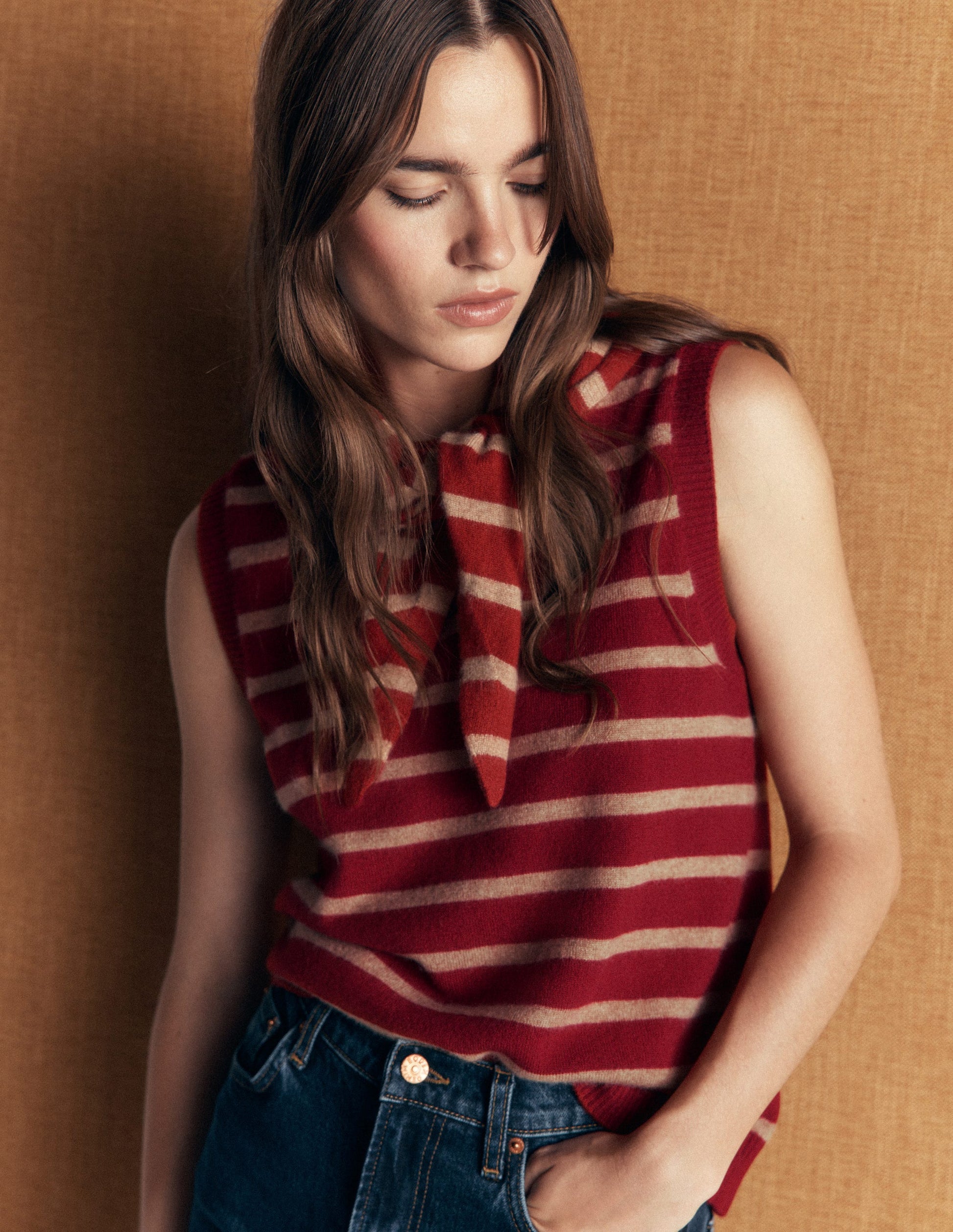 Elsie Cashmere Tank-Poppy Red, Camel Stripe-2