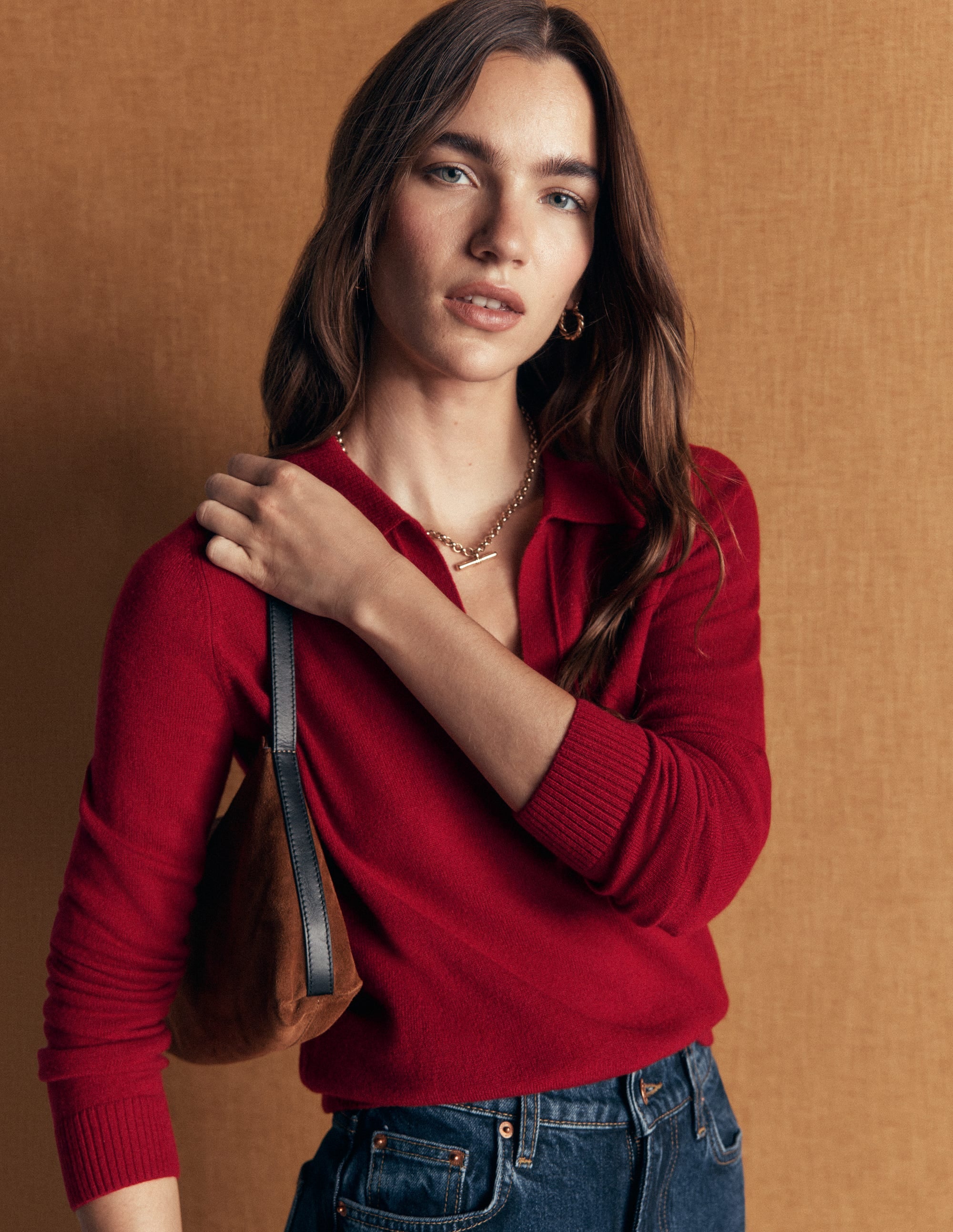 Elsie Cashmere Henley Sweater-Crimson Red - Image 1