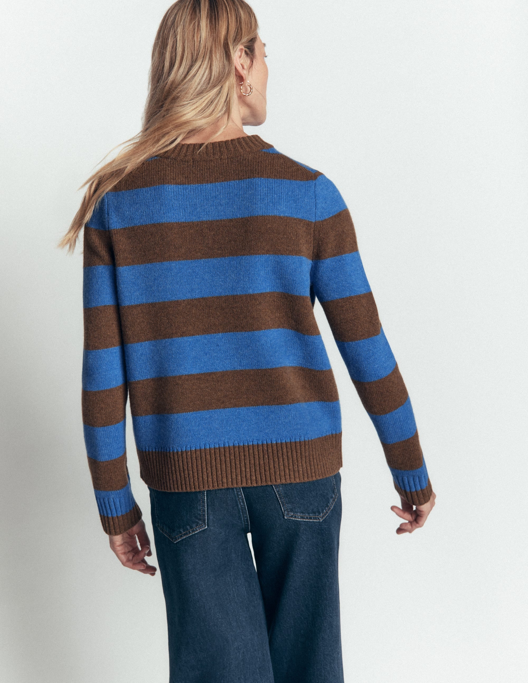 Marta Merino Wool Crew Sweater-Bitter Chocolate, Blue Stripe - Image 3