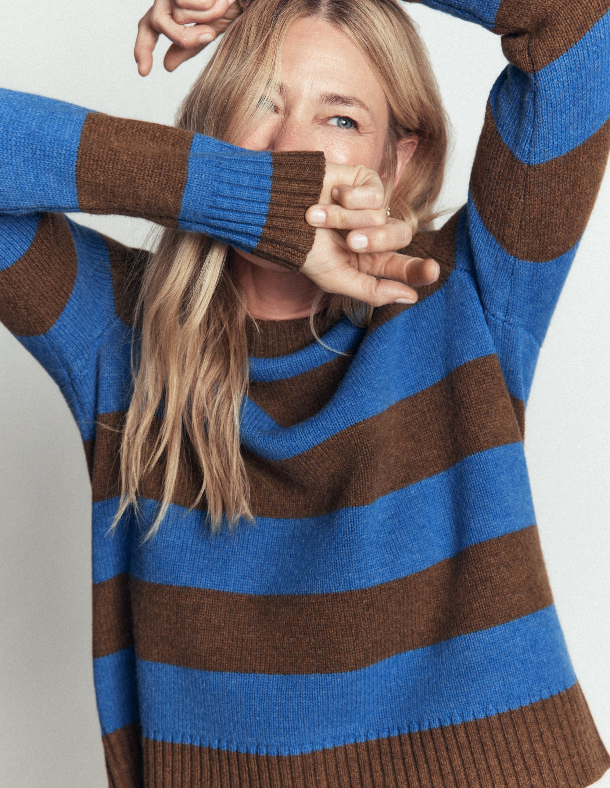 Marta Merino Wool Crew Sweater-Bitter Chocolate, Blue Stripe - Image 5