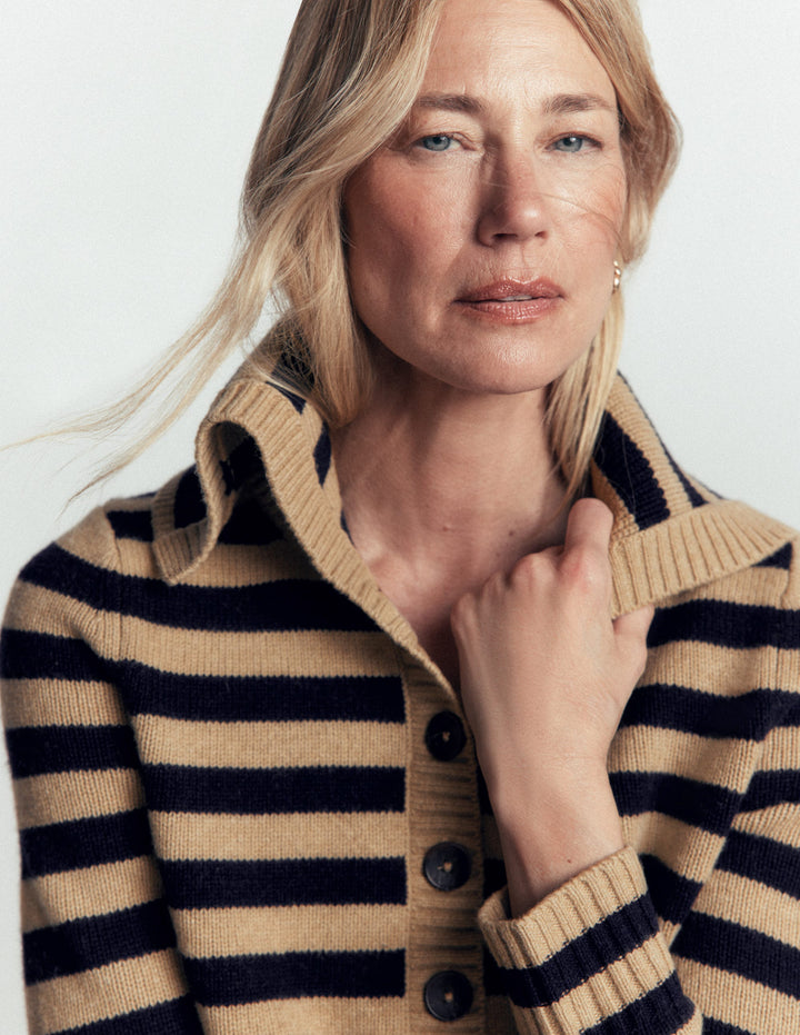 Marta Merino Wool Sailor Top-Camel, Navy Stripe