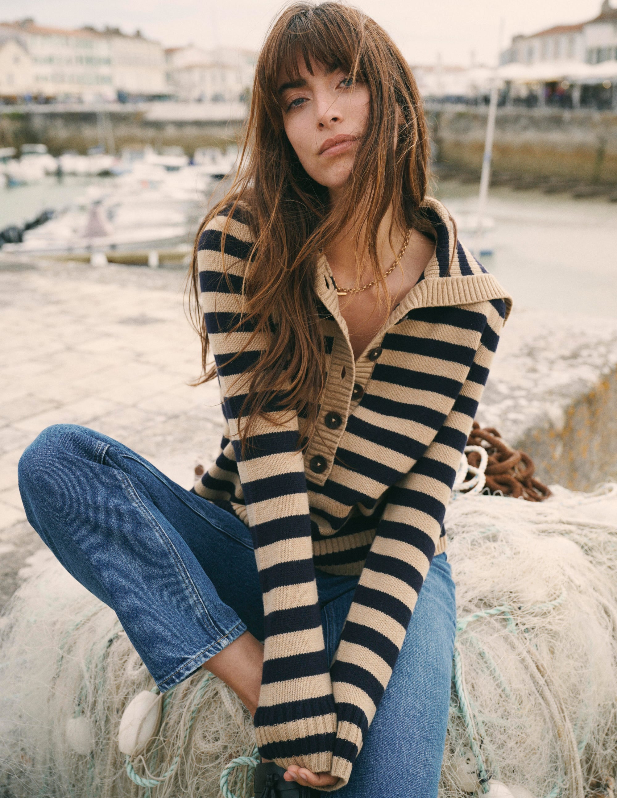 Marta Merino Wool Sailor Top-Camel, Navy Stripe - Image 1
