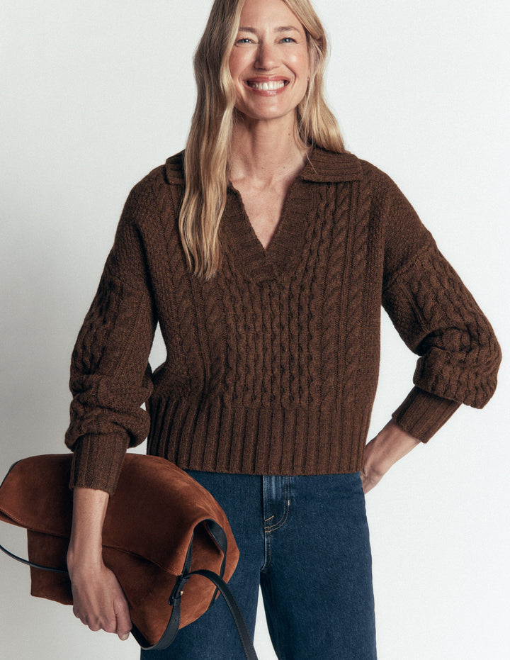 Collared Cable Knit Sweater-Raw Umber